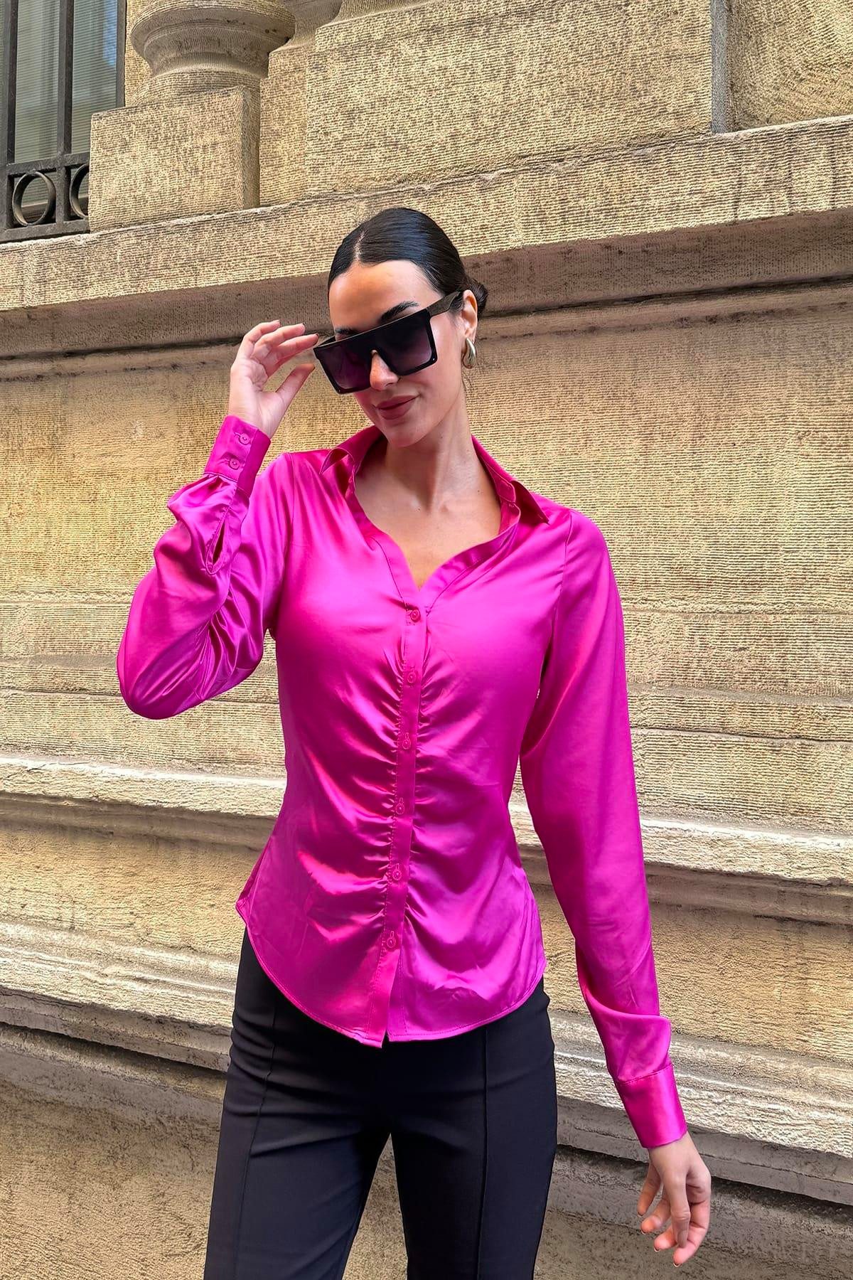 For You Moda Hemdbluse Gerüschte Satin Fuchsia Bluse günstig online kaufen