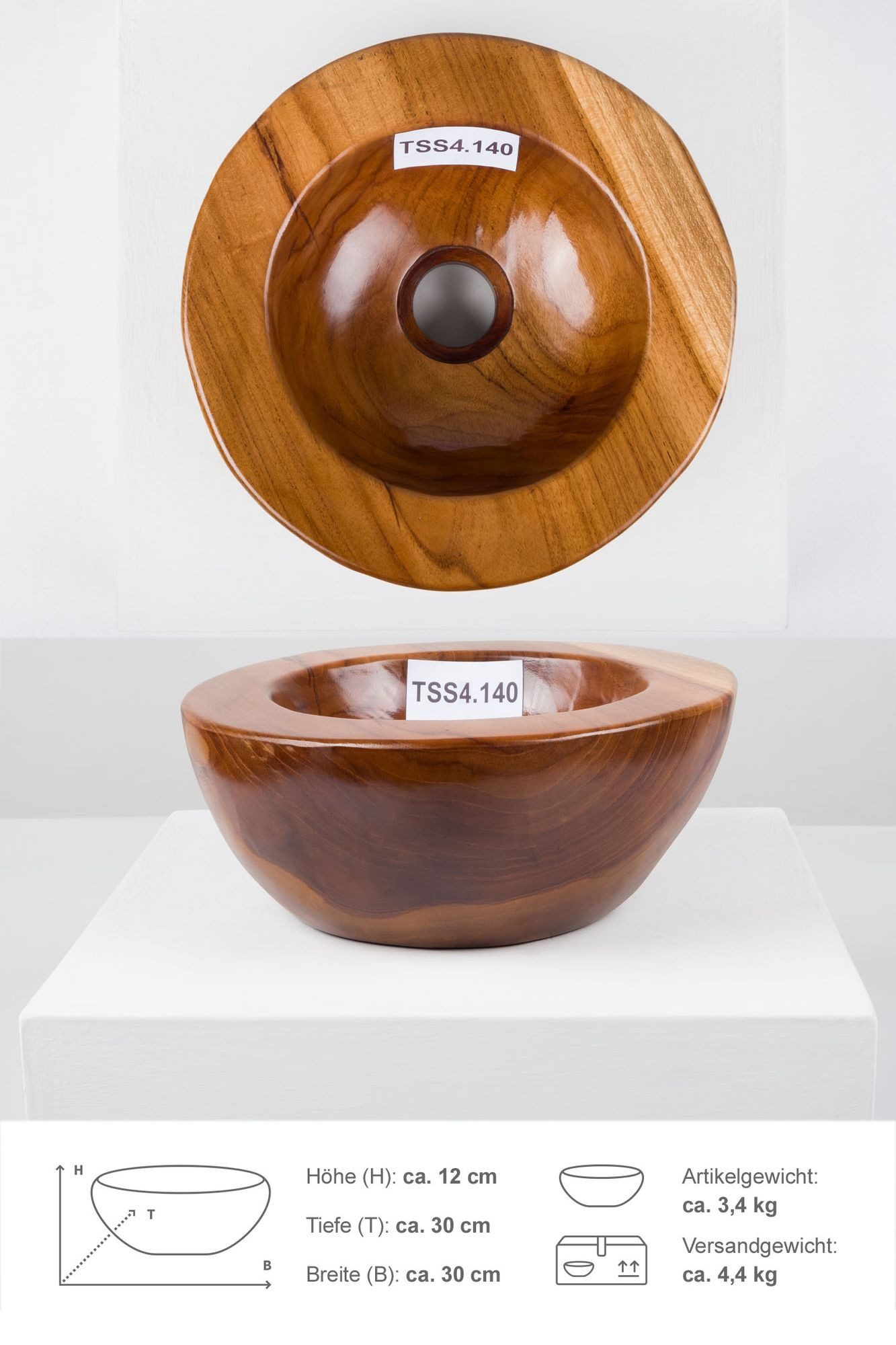 wohnfreuden Aufsatzwaschbecken Teakholz Раковины 30 cm braun rund (Kein Set), 39791_TSS4.140