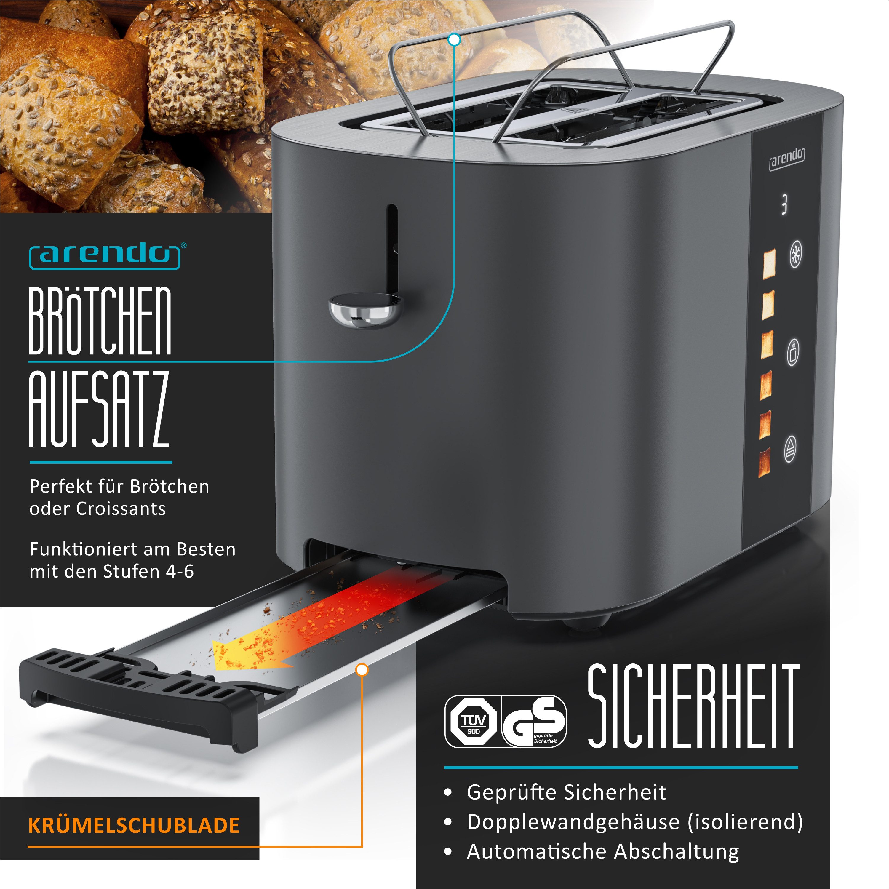 Arendo Toaster 2-Scheiben Kurzschlitz Edelstahl, Touch, Restzeit Bräunungsgradanzeige, 2 Schlitze, für 2 Scheiben, 800 W, Brötchenaufsatz, Wärmeisoliert, Toast- – Bild 3 von 5