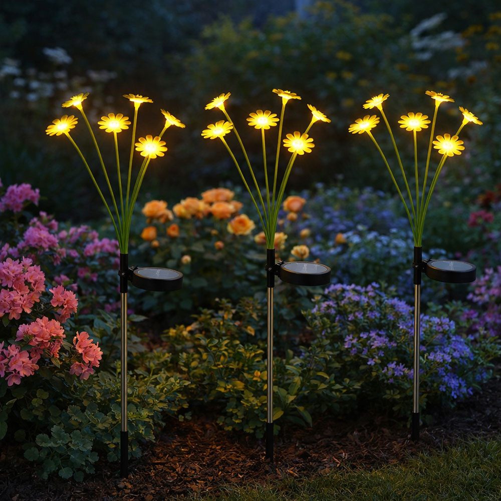 GLOBO LIGHTING LED Solarleuchte, LED-Leuchtmittel fest verbaut, Warmweiß, Solarleuchte Außenlampe Steckleuchte 6xLED Blumen Erdspieß 3er Set