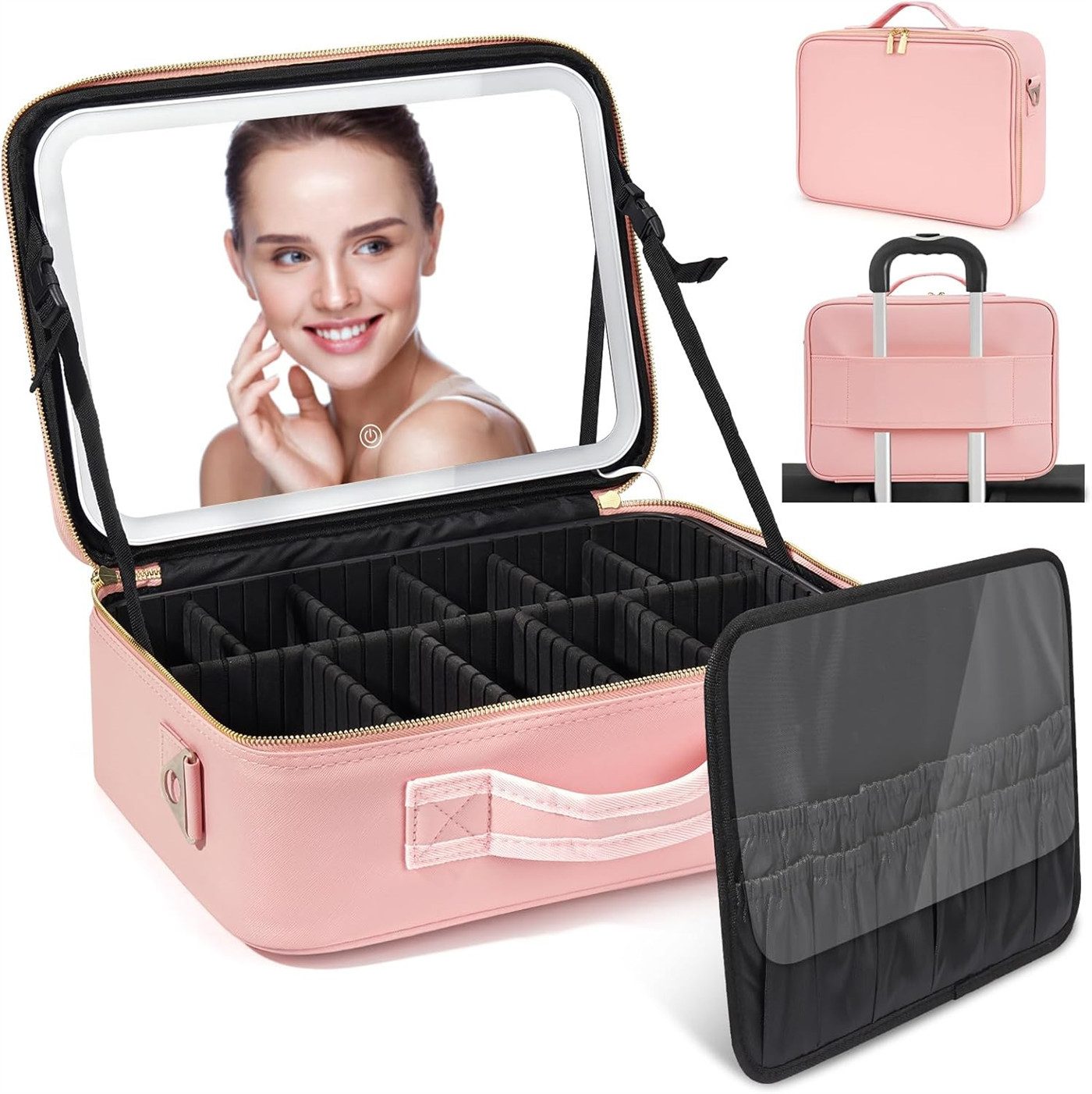 autolock Kosmetiktasche Make up Tasche,Kosmetiktasche mit LED Spiegel(3 Farbe)Schminktasche, Mit großer Pinselstauraum,USB-C Aufladung,Reisebox für Damen