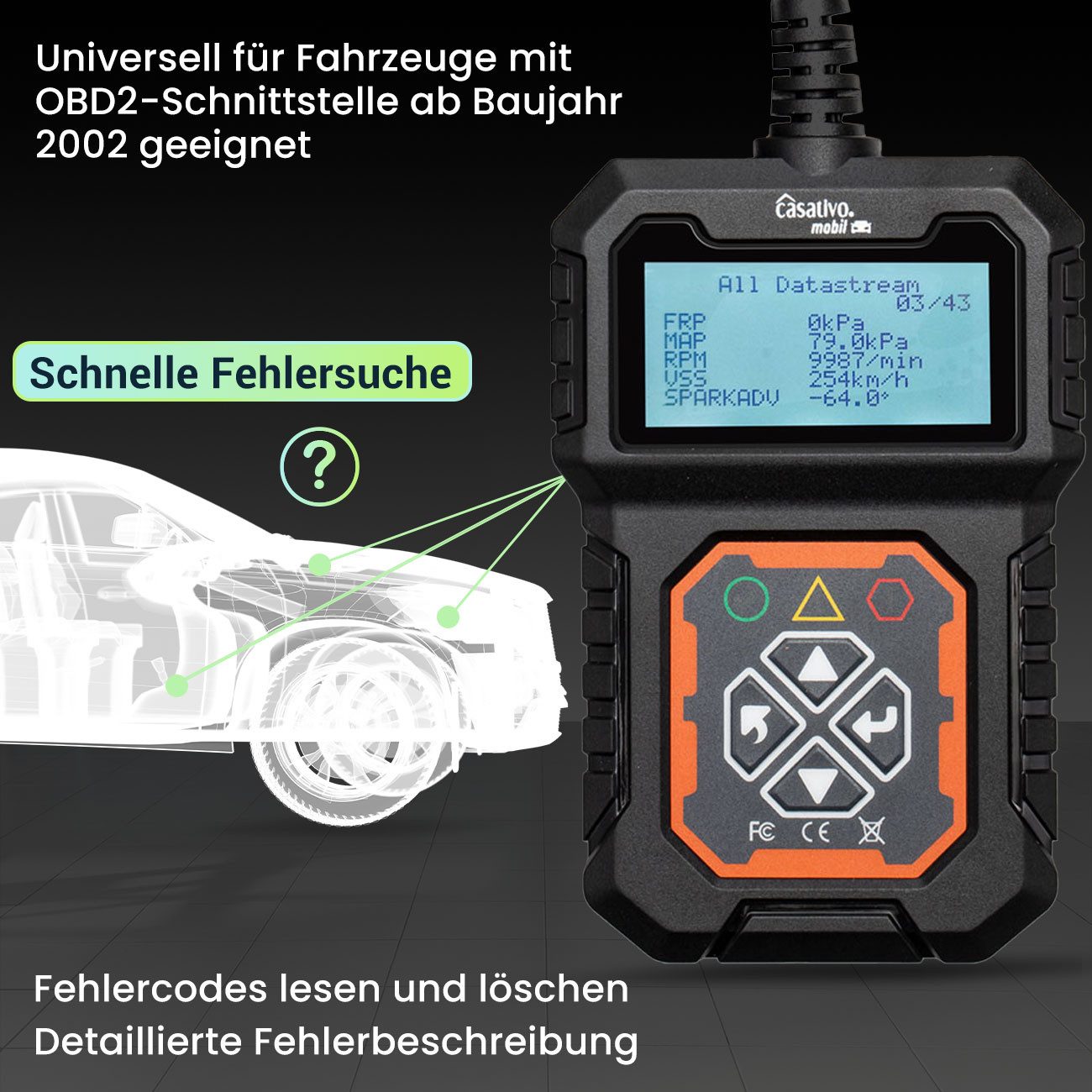 Casativo OBD2-Diagnosegerät "OBD2-Diagnosegerät für Auto-Fehlersuche Auto-Scanner KFZ-Universal, Echtzeit-Motordatenanzeige/Fehlerspeicherung/für Benzin- & Dies – Bild 4 von 5