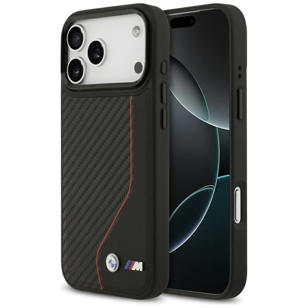 BMW Handyhülle Case iPhone 17 Pro Max MagSafe Carbon-Optik schwarz Streifen Logo 6,9 Zoll, Kantenschutz