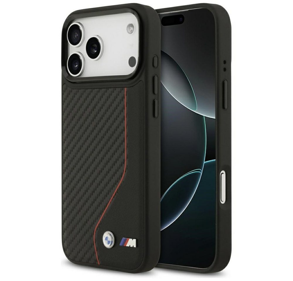 BMW Handyhülle Case iPhone 17 Pro Max MagSafe Carbon-Optik schwarz Streifen Logo 6,9 Zoll, Kantenschutz