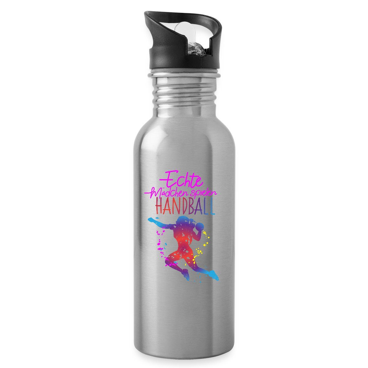 Spreadshirt Trinkflasche Echte Mädchen Spielen Handball Silhouette Sport Wasserflasche mit Stro