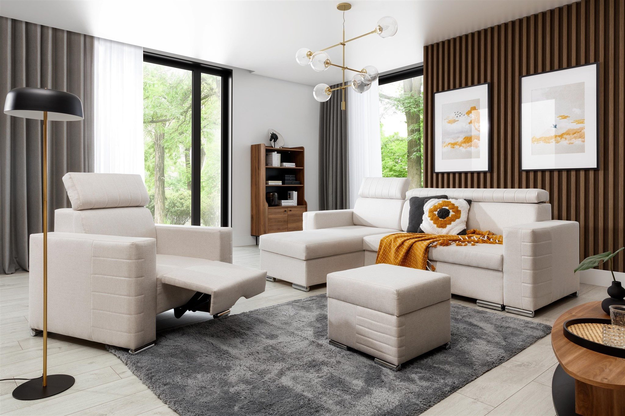 Fun Möbel Ecksofa Schlafsofa CANTON in Stoff inkl. Hocker und Sessel, Kopfstützen verstellbar, inkl. Bettkasten