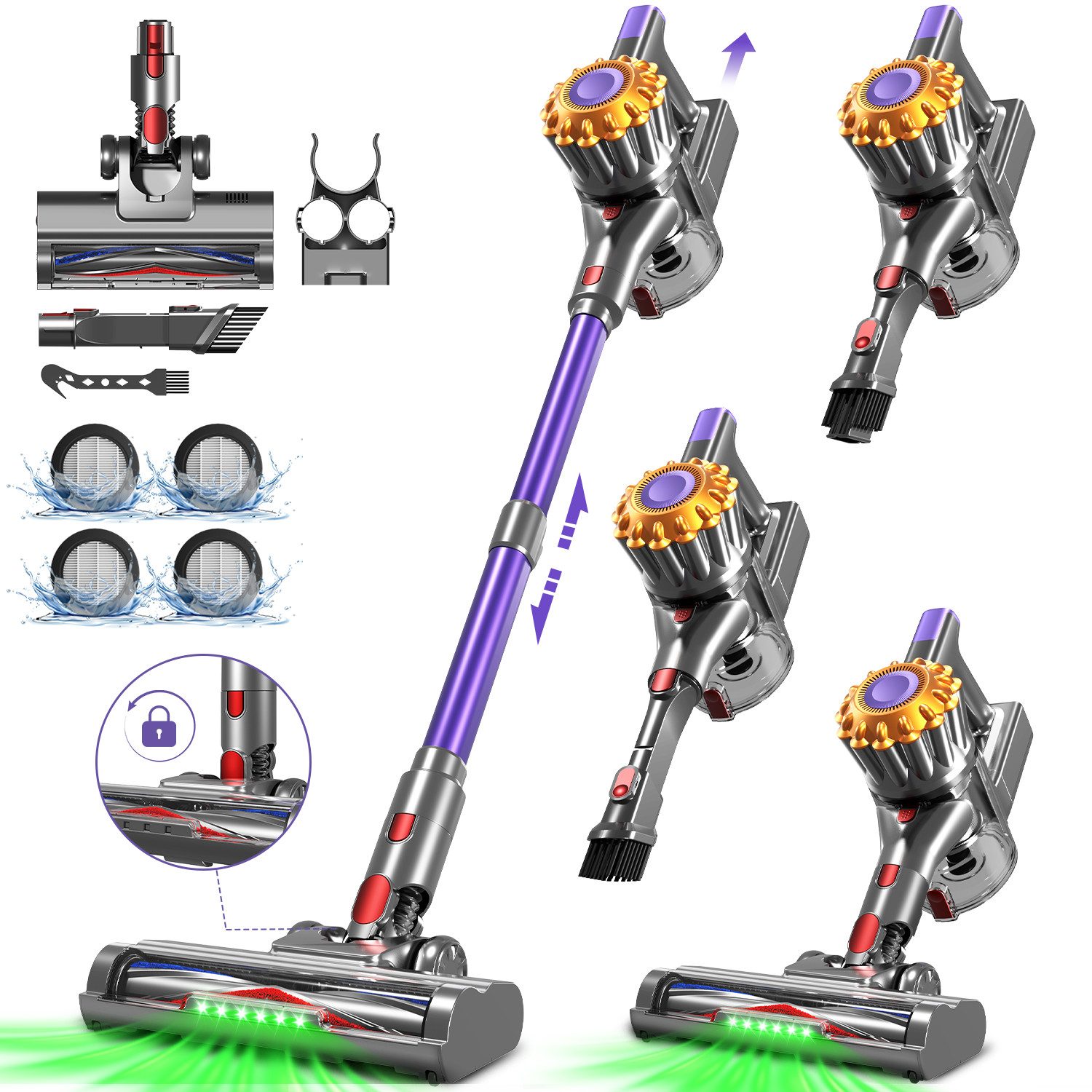 Adormii Akku-Hand-und Stielstaubsauger Akku Staubsauger,Staubsauger Kabellos 50kPa/60Min,GreenEye-Technologie, beutellos, Selbststehendes Design,Staubsauger für Tierhaare,Teppich und Hartboden