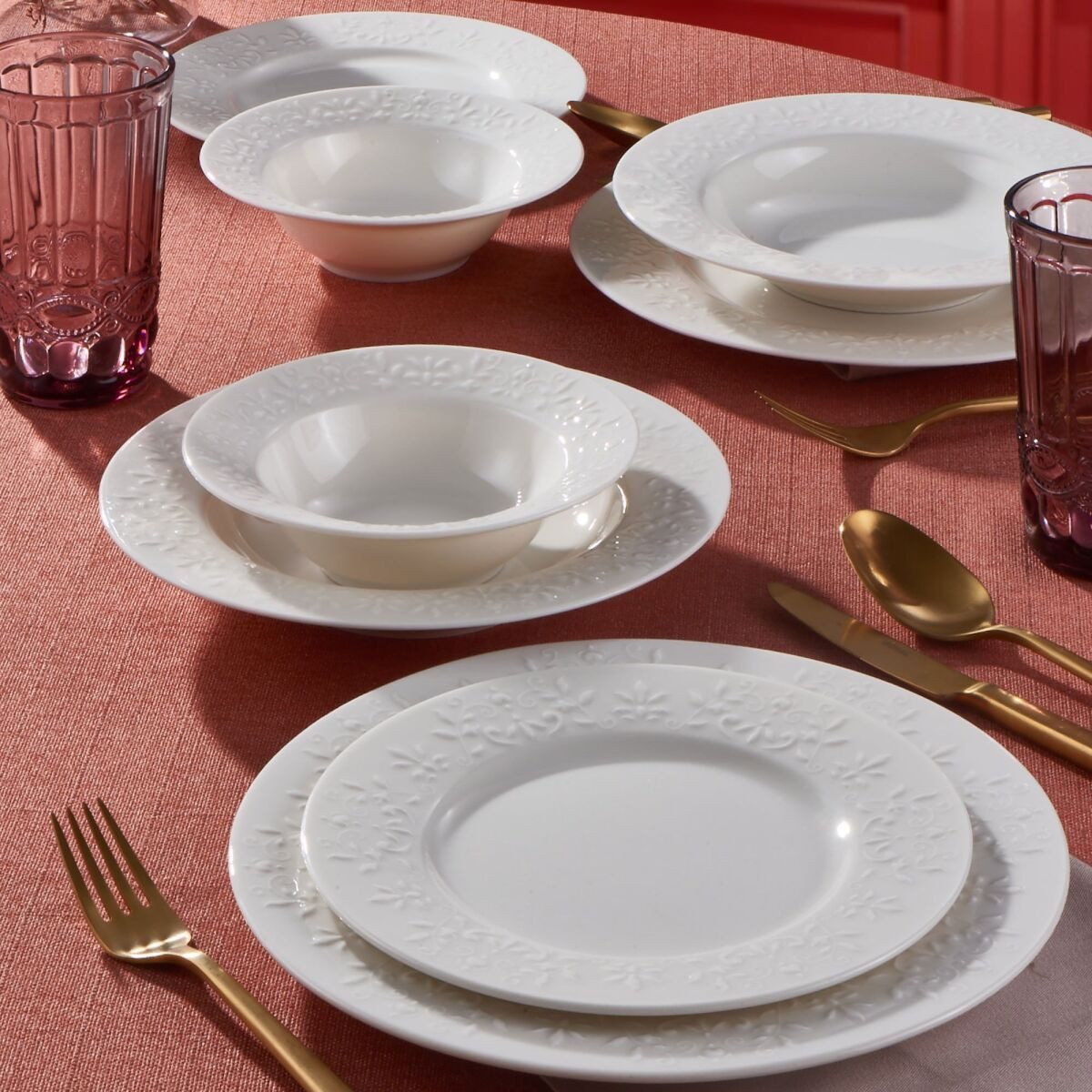 GÜRAL Porselen Tafelservice DILRUBA (24-tlg), 6 Personen, Porzellan, Cremefarben, Reliefmuster, elegant und robust