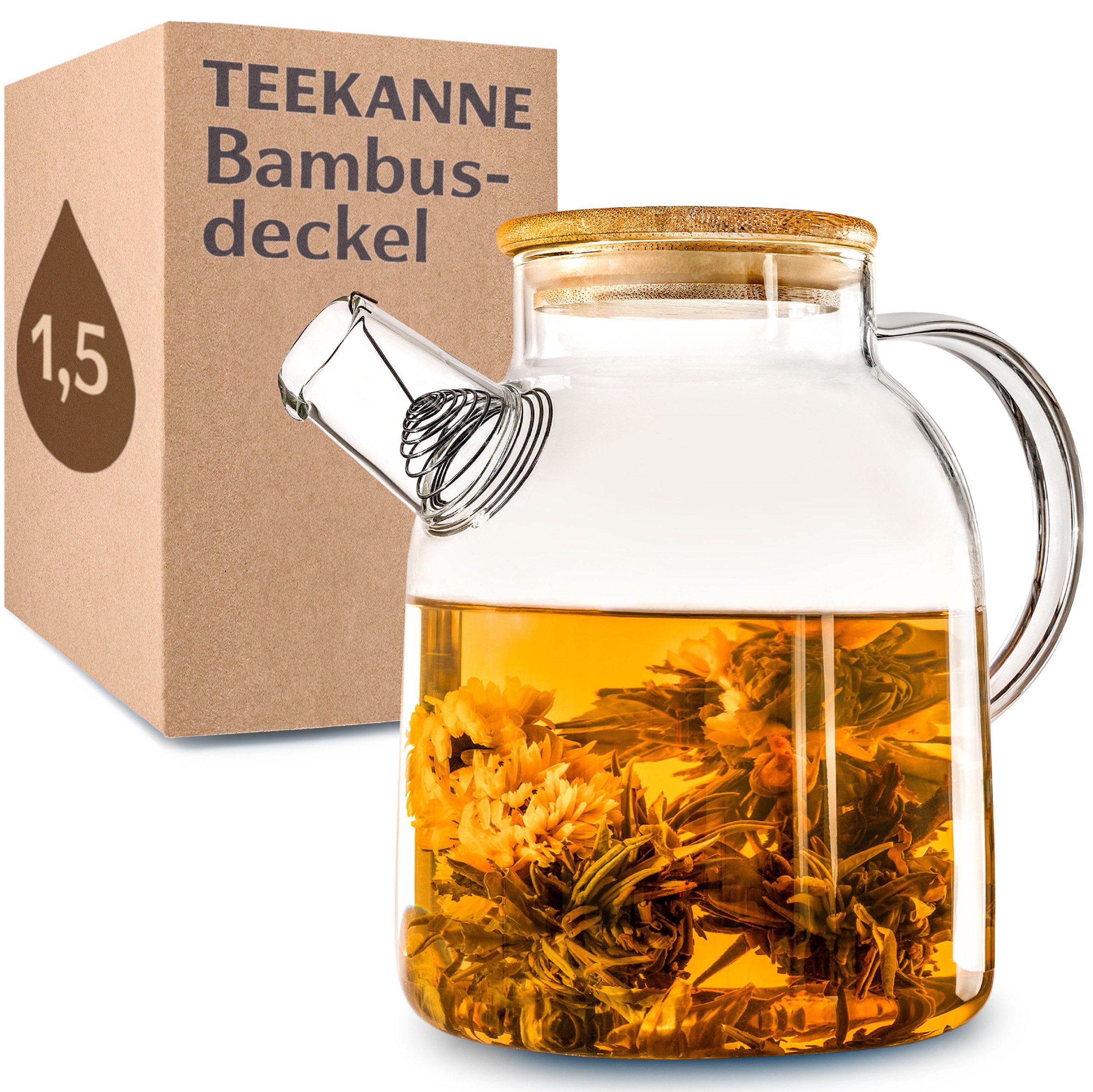 Teekanne Glaskanne mit Bambusdeckel 1,5 L
