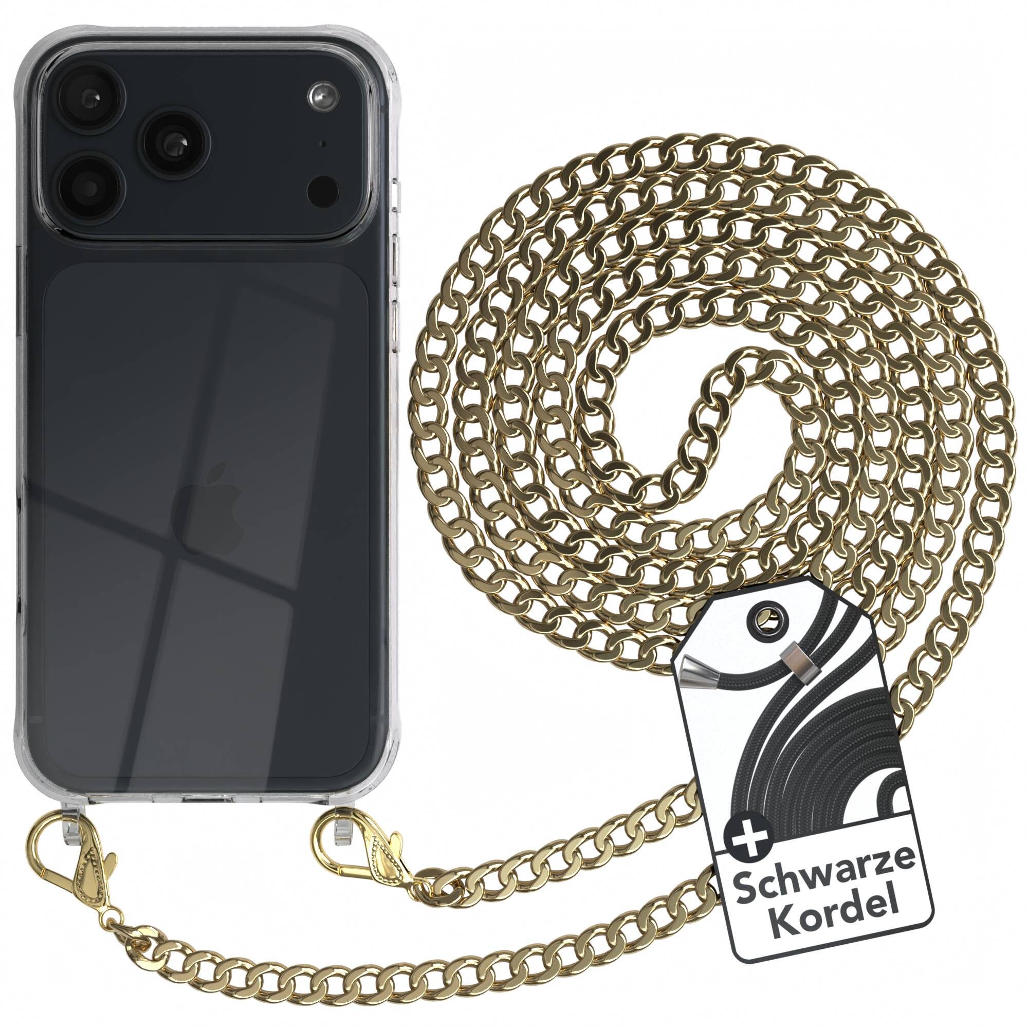 EAZY CASE Handykette 2in1 Metallkette für Apple iPhone 18 Pro Max 6,9 Zoll, Hülle mit Band Silikonhülle durchsichtig Necklace Cover Slimcover Gold