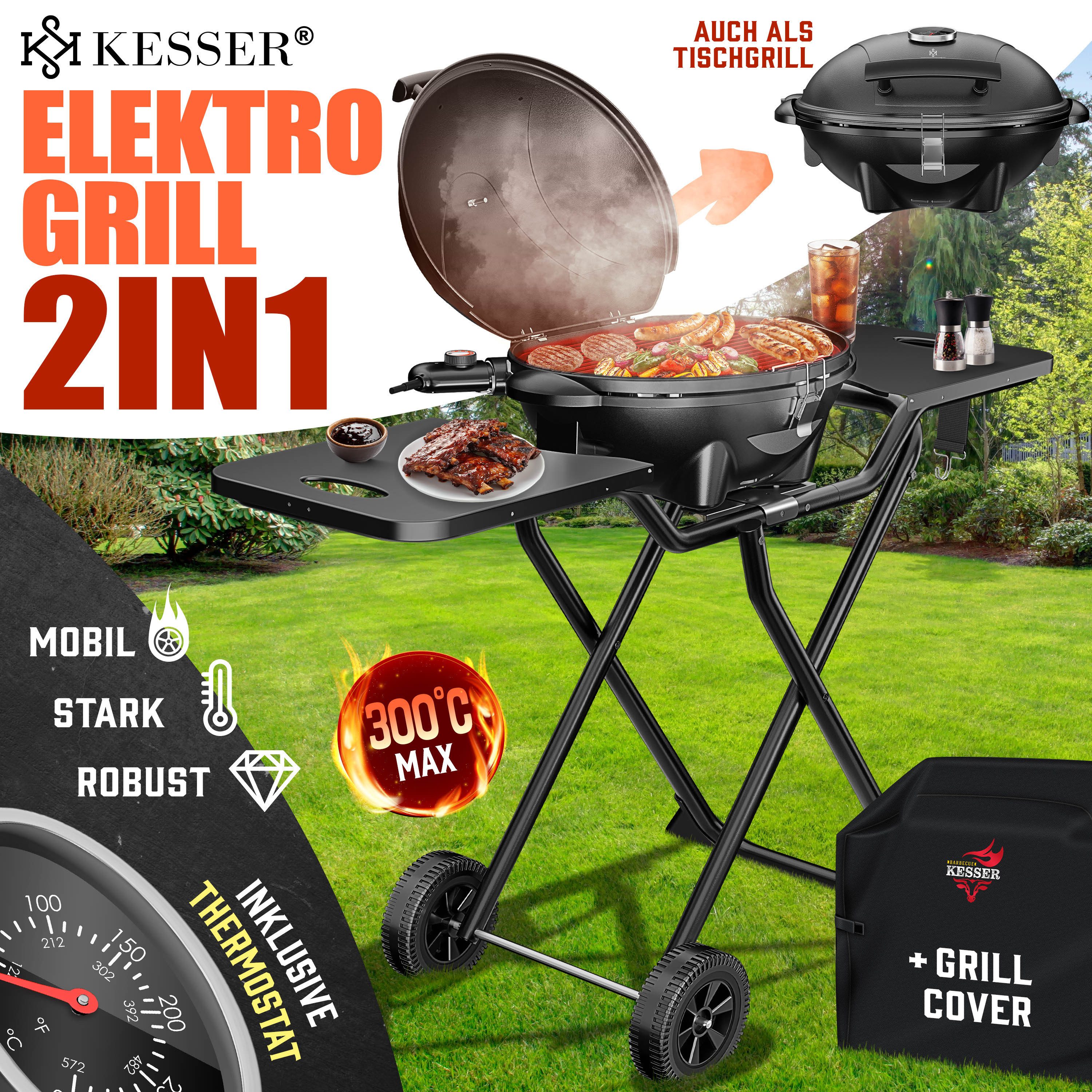 KESSER Elektro-Standgrill, elektrischer Elektrogrill 2in1 Tischgrill Standgrill Deckel