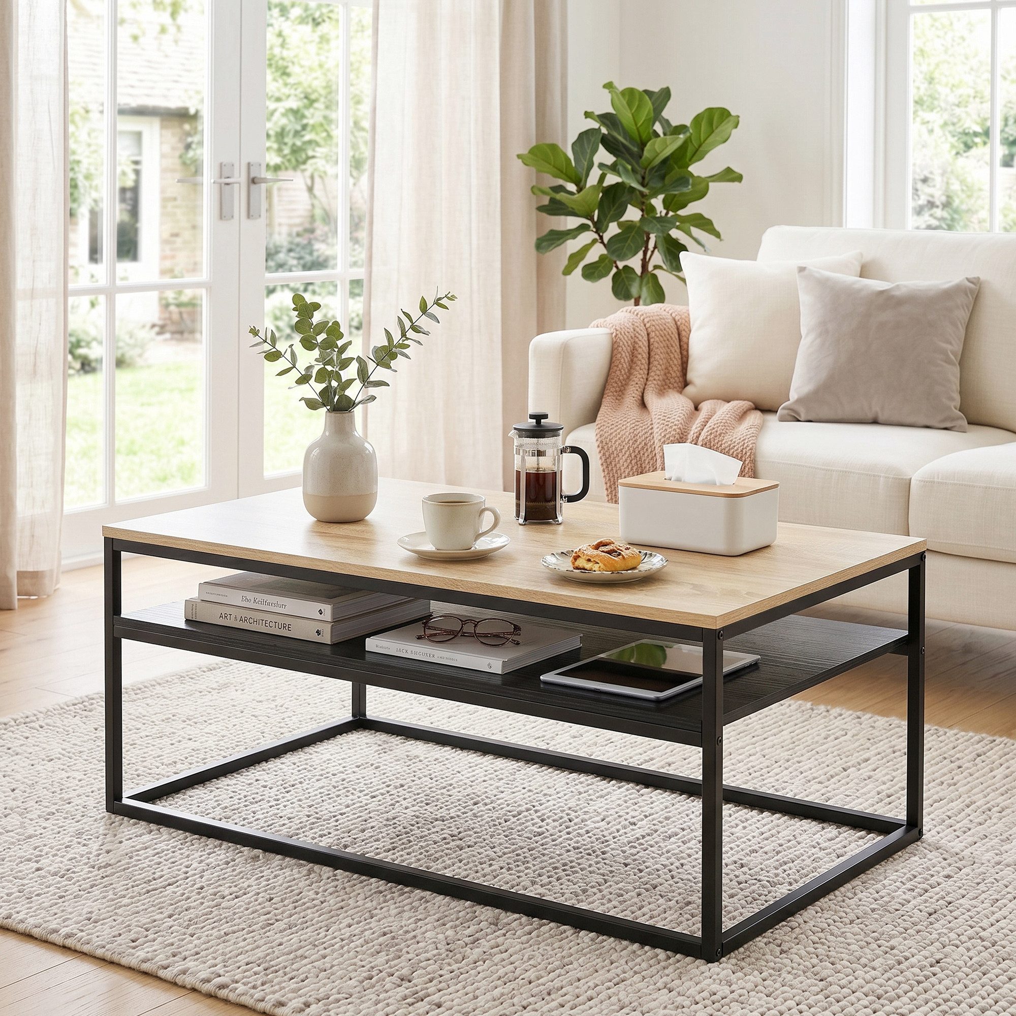 REDOM Couchtisch Moderner Couchtisch 100 x 59 x 47 cm Eiche Holz (Packung, 1-St., Kaffeetisch, Sofatisch, Beistelltisch für Wohnbereich), Wohnzimmertisch mit Ablage im Industrial Design