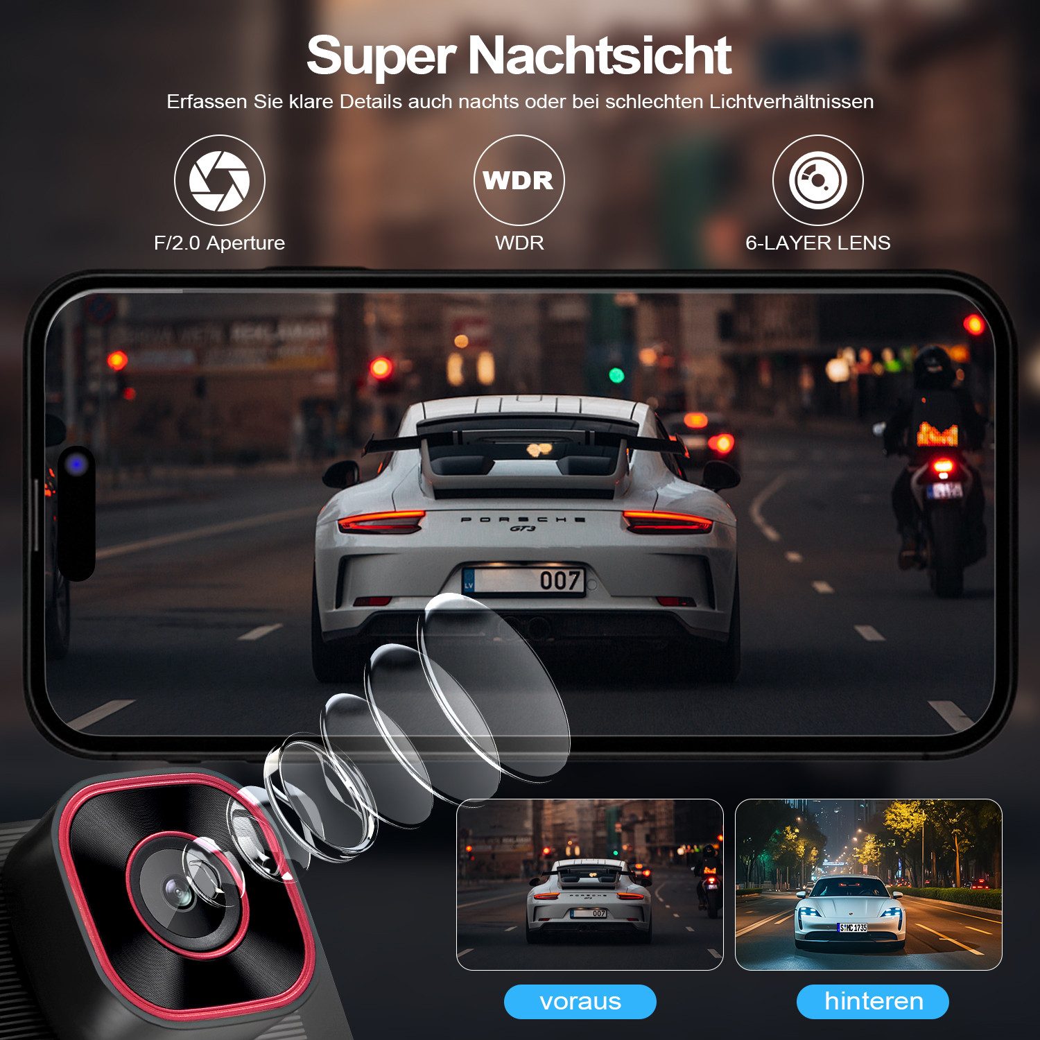 CkeyiN Pro 2K Dashcam Auto,2-Zoll-LCD,3 Kanal Dashcam Auto Vorne Hinten Dashcam (2.4G WIFI, 2K+ 720P+ 720P,WDR,110°Weitwinkel, Nachtsicht, mit 64GB TF-Karte)