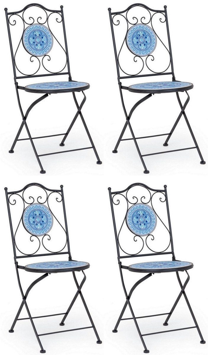 Casa Padrino Gartenstuhl Jugendstil Gartenstuhl 4er Set Schwarz / Blau / Weiß 39 x 47 x H. 92 cm - Klappbare Stühle mit Keramik Platten - Nostalgische Garten & Gastronomie Möbel