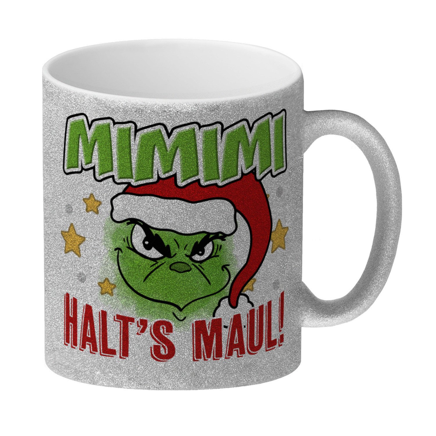 Tasse Mimimi Weihnachtsmuffel Glitzer-Kaffeebecher mit Spruch Halt's Maul