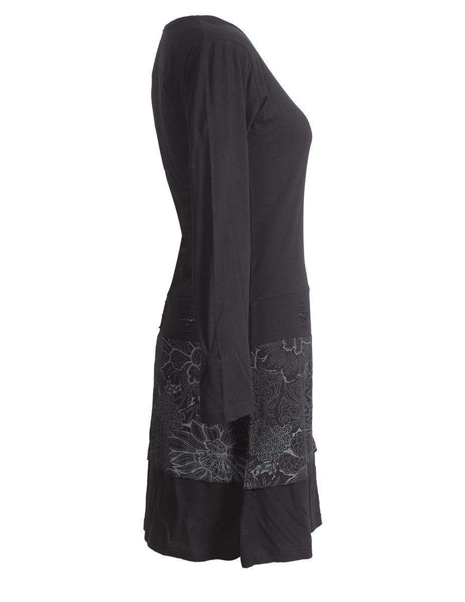 Vishes Jerseykleid Lagenlook Langarm Kleid mit Blumen-Spitze bedruckt Elfen, Hippie, Boho, Goa Style – Bild 3 von 4