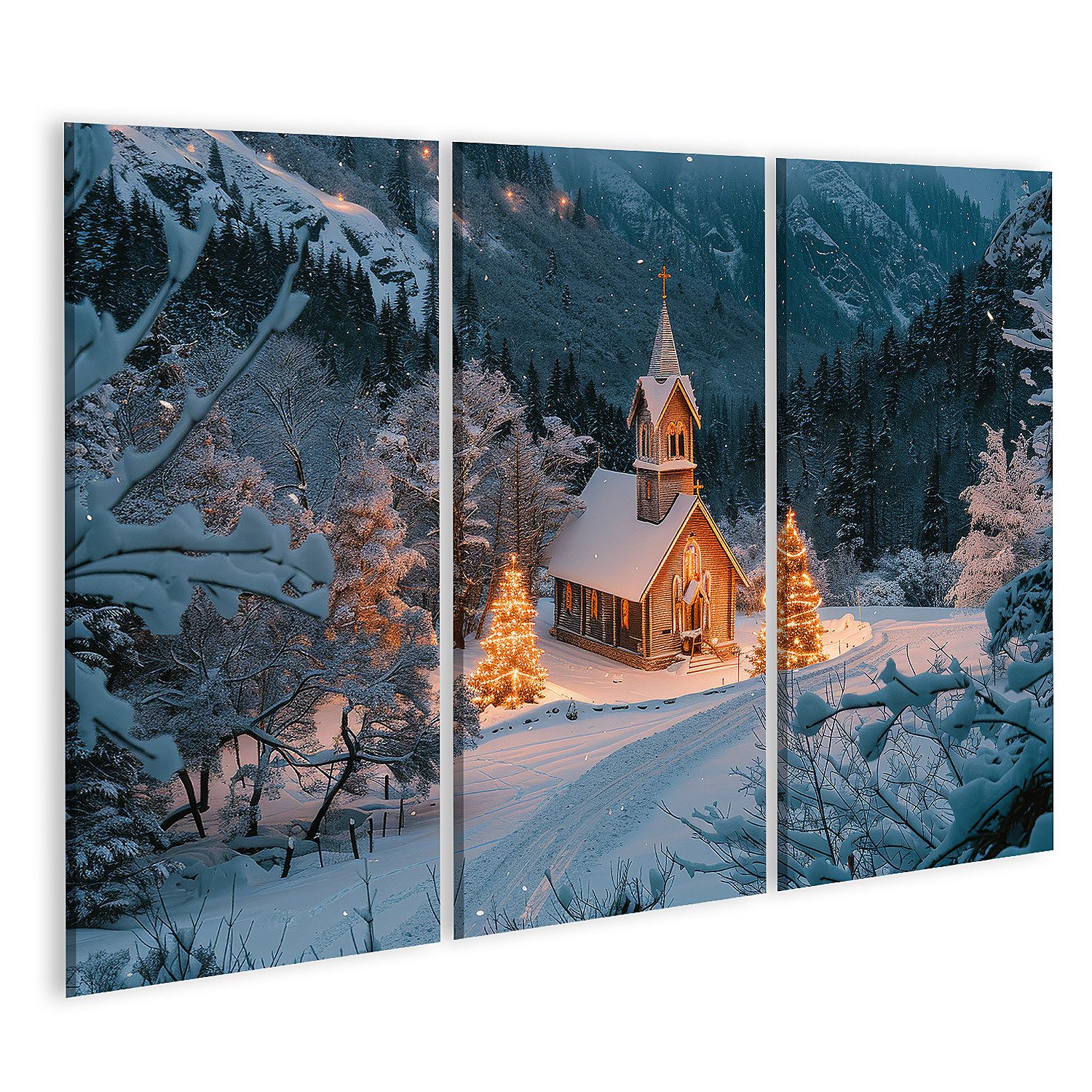 islandburner Leinwandbild Winterliche Kapelle im Schnee mit festlicher Beleuchtung - Leinwand