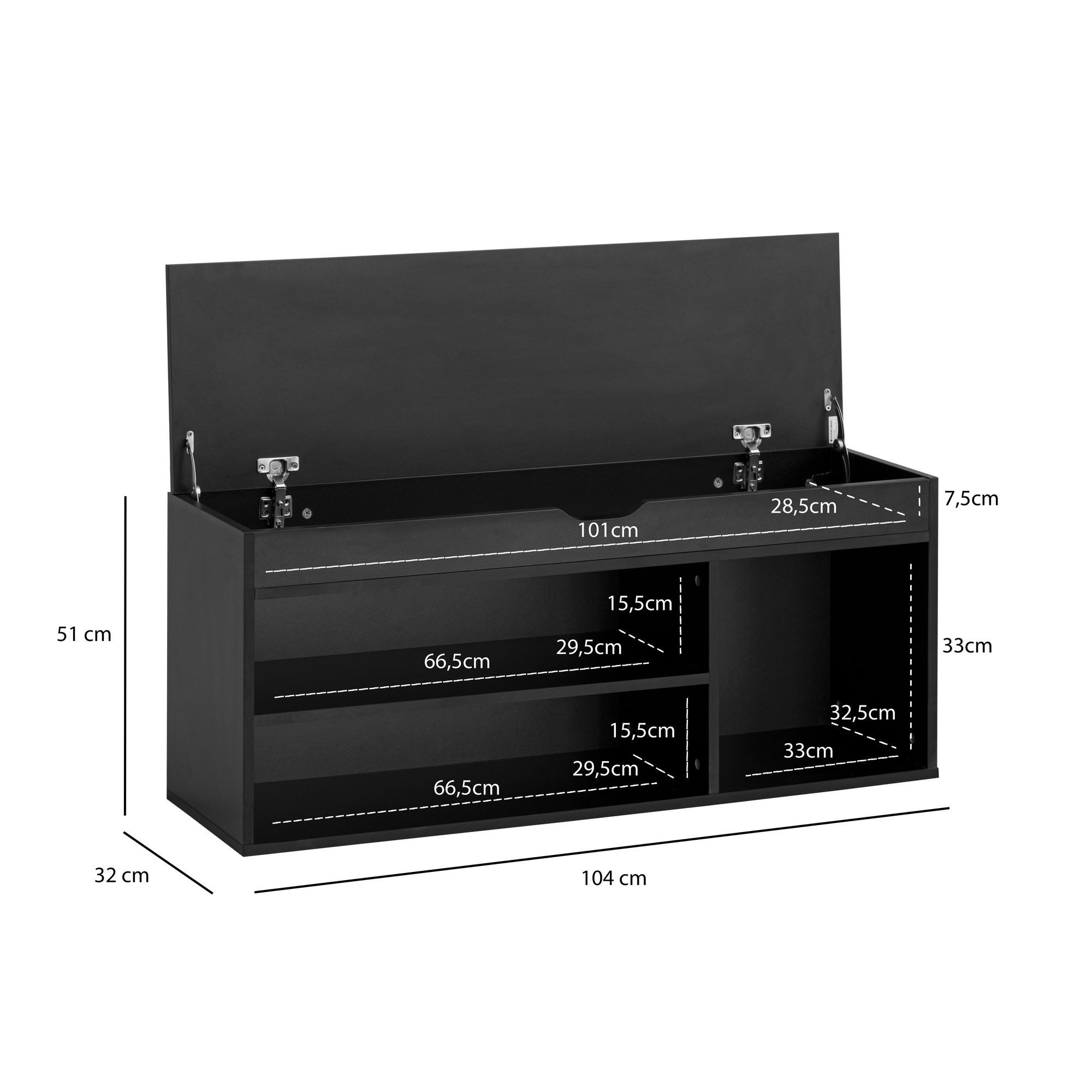 FINEBUY Schuhbank FB107189 Garderobenbank 104 cm Sitzbank Kunstleder Flurbank Schwarz (mit Sitzfläche Garderobenbank 104x51x32 cm Schwarz), Sitzbank Schmal Flur mit Stauraum, Truhenbank