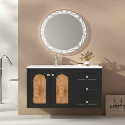MODFU Badmöbel-Set Waschbecken in Breite 90 cm, Waschplatz mit 3 Schubladen, (Badezimmerspiegelschrank, Badschrank), ohne Spiegel