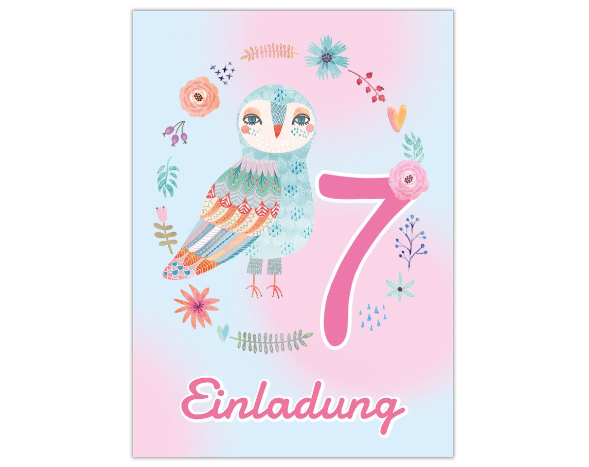 JUNAPACK Пригласительные открытки Eule Einladungen zum 7. Kindergeburtstag Karten Waldtiere Mädchen, Пригласительные открытки mit Eule Waldtiere zum siebten Kindergeburtstag