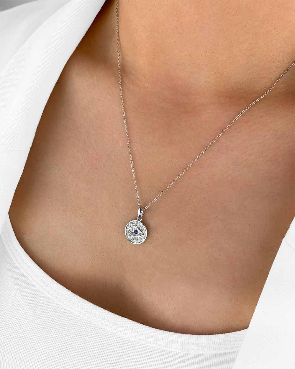 DANIEL CLIFFORD Kette mit Anhänger 'Amina' Damen Halskette Silber 925 Auge Anhänger rund Kristall blau (inkl. Verpackung), Silberkette 45cm, Kristallanhänger allwissendes Auge, Talisman