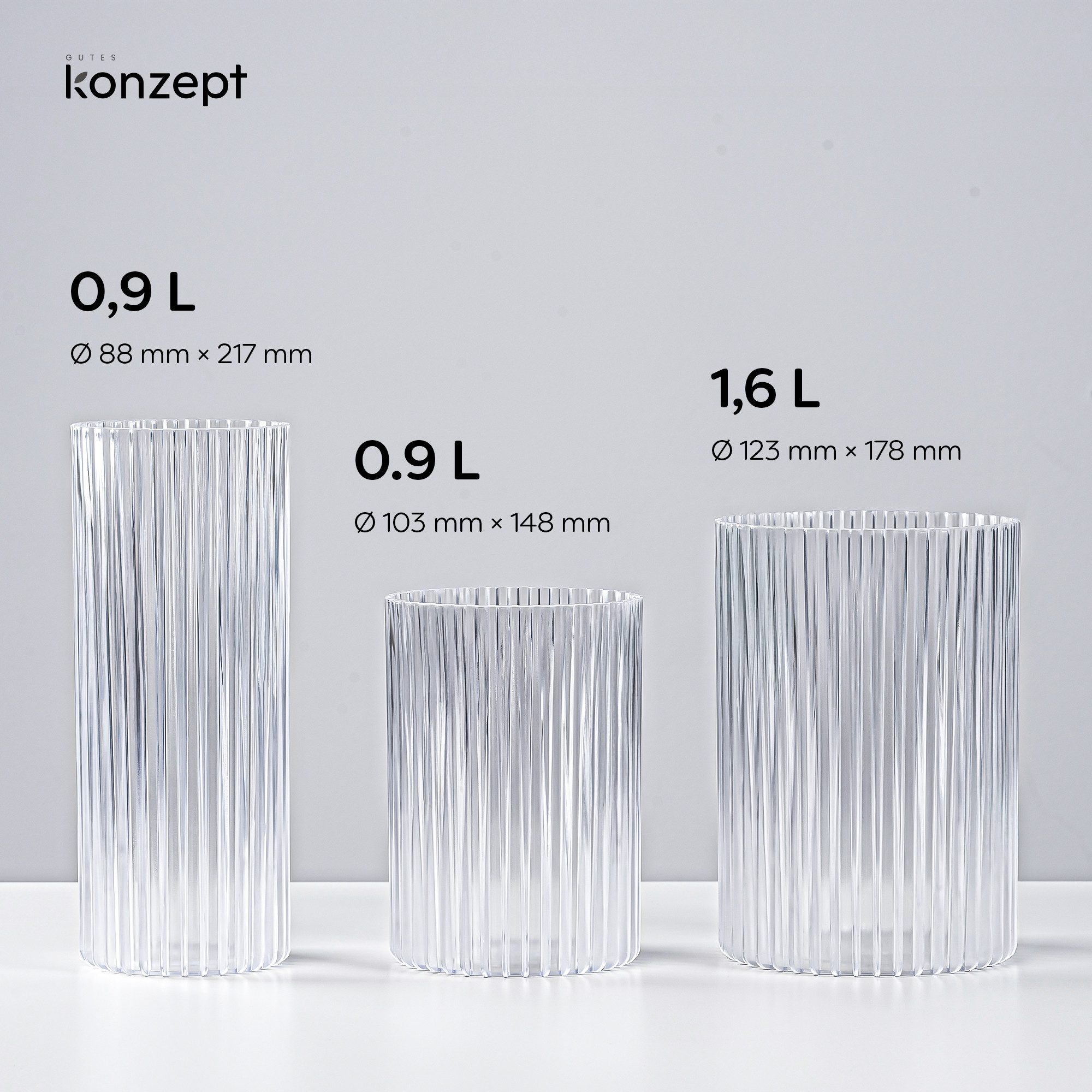 KONZEPT Dekovase 3er Set aus Kunststoff (12,3x17,8/10,3x14,8/8,8x21,7 cm), Stapelbar. Geriffelte Struktur, Leicht, UV-beständig – Bild 3 von 5