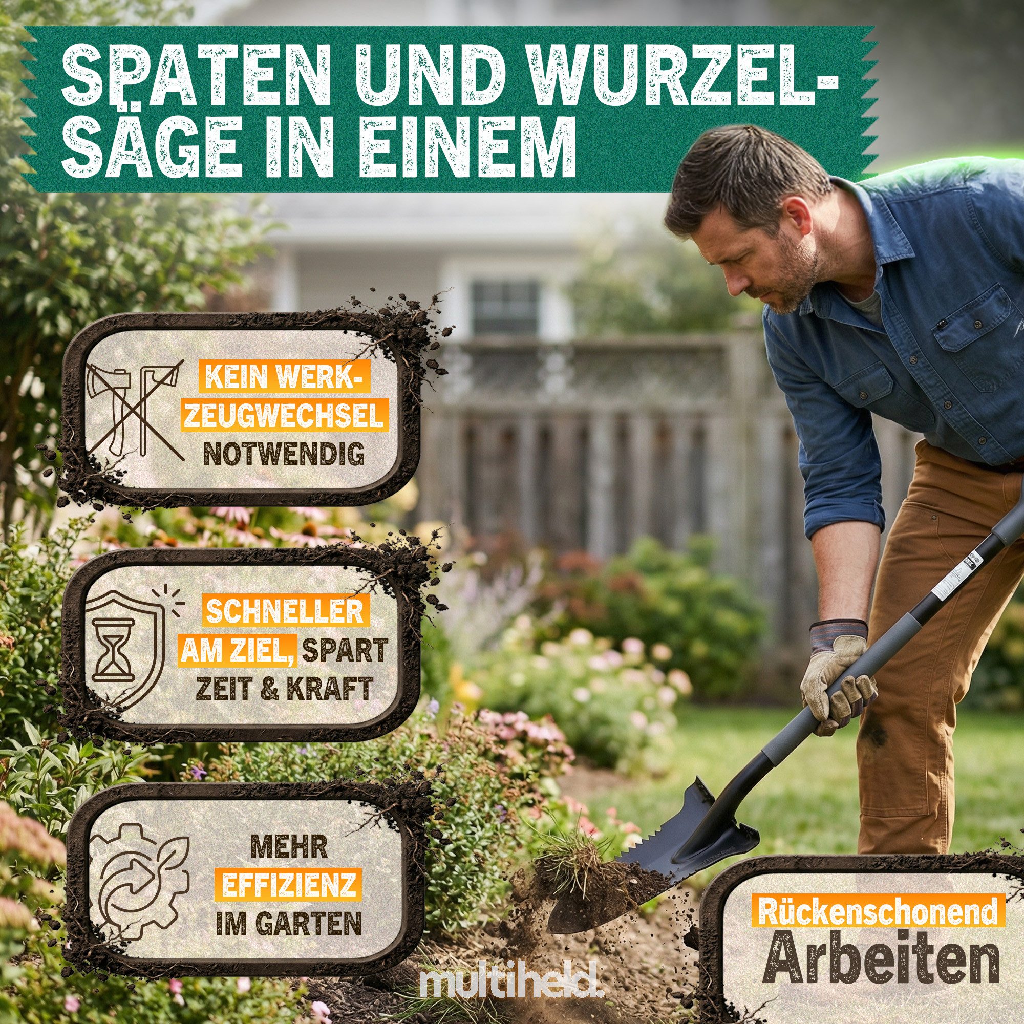 Multiheld Spaten Wurzelspaten mit Säge 120cm, 1050Mn Stahl, ergonomisch, (Robustes Gartenwerkzeug, 1-St), ergonomischer Softtouch-Griff, extra breite Trittkante – Bild 4 von 5