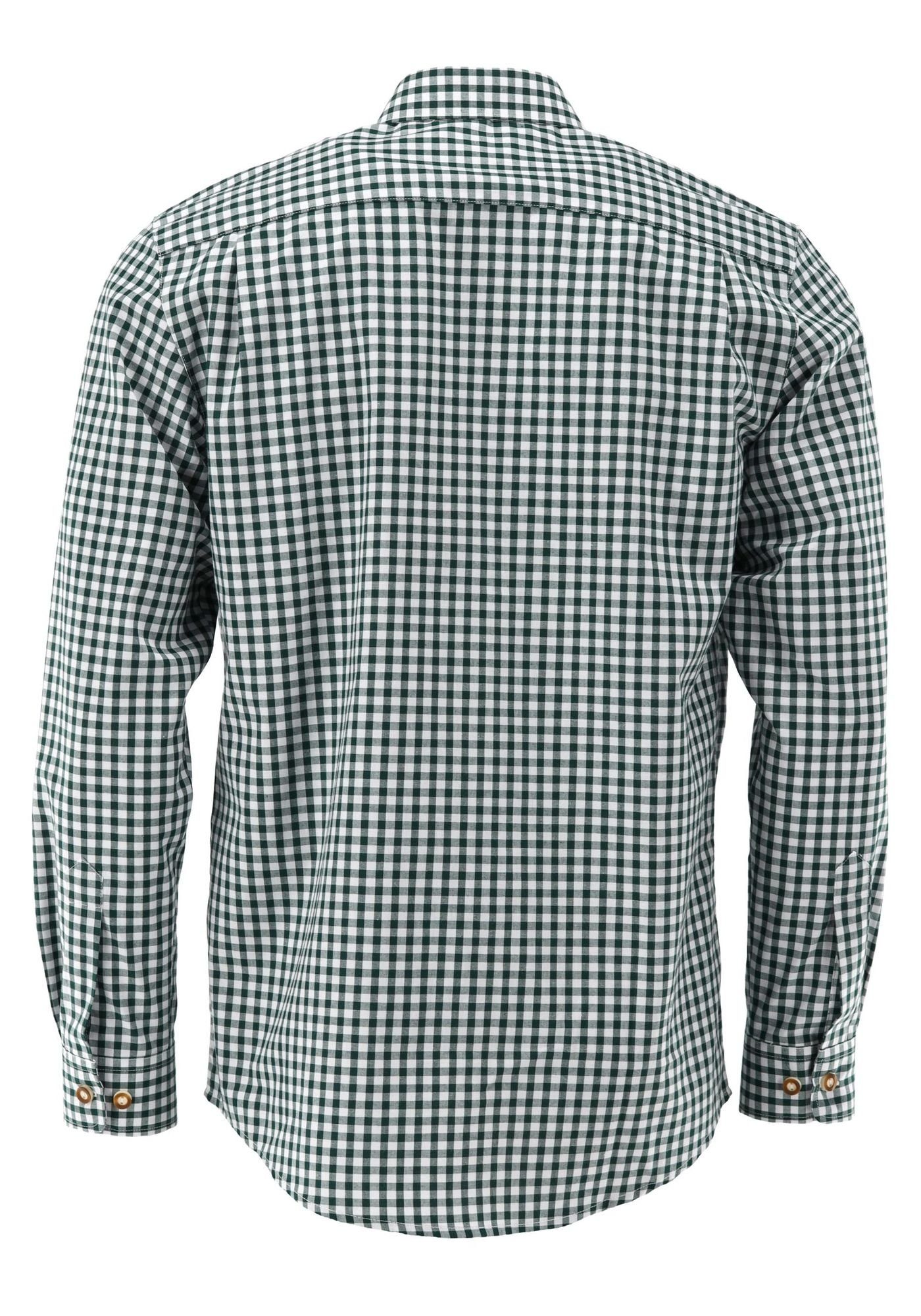 mit Brusttasche dunkelgrün aufgesetzter OS-Trachten Hirsch-Stickerei Langarmhemd mit Ukazui Trachtenhemd