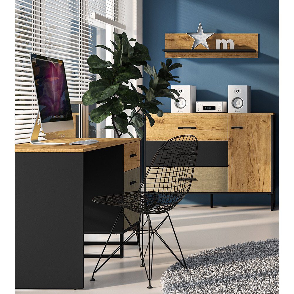 Lomadox Jugendzimmer-Set CASPER-131, schwarz/Eiche/sandfarben mit Schreibtisch in 3-tlg), (Sparset