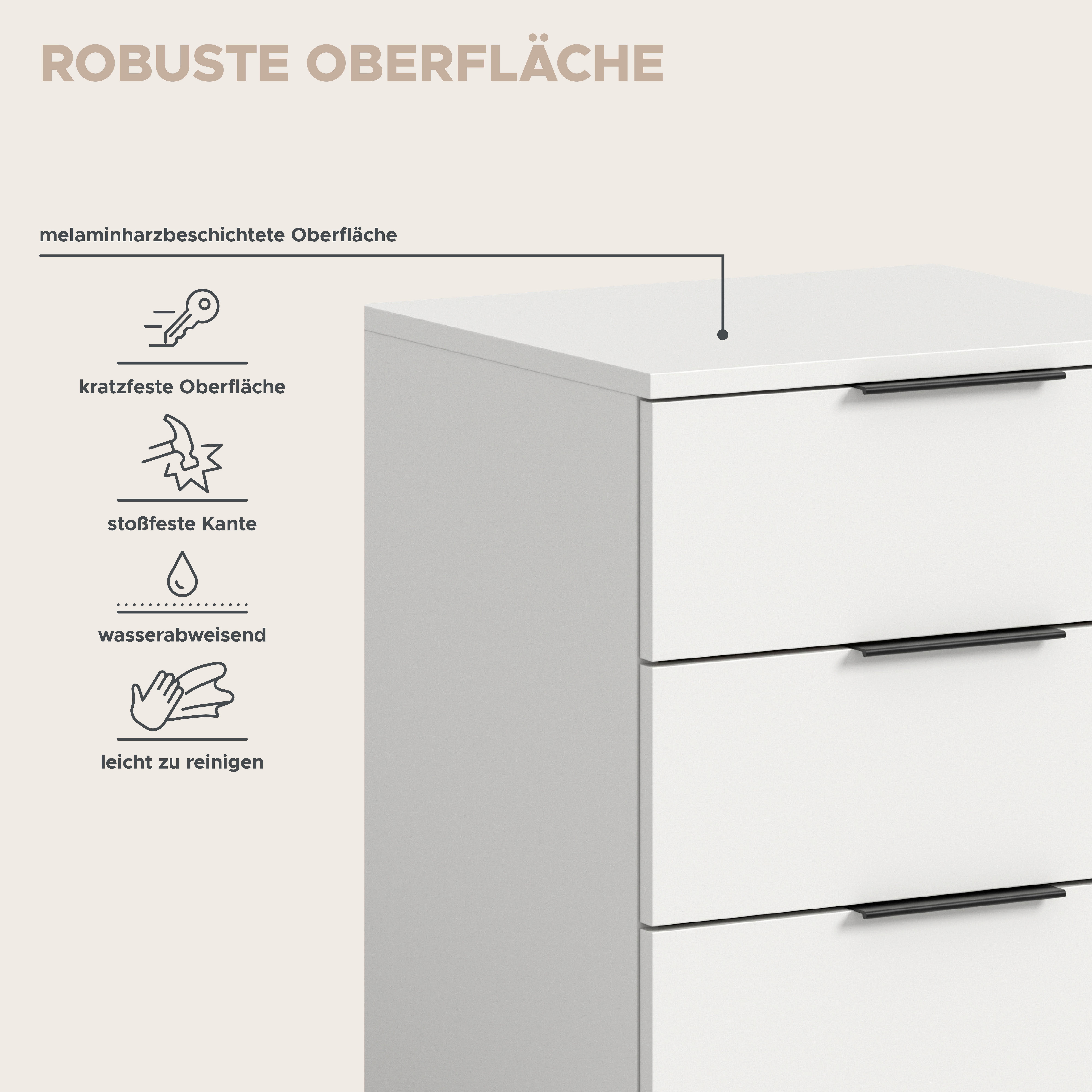 OTTO home Nachtkommode Skarde Nachttisch Beistelltisch Kommode, Breite: 45 cm (1 St), Skarde, Nachtkommode, 3 Schubkästen, weiß – Bild 4 von 5