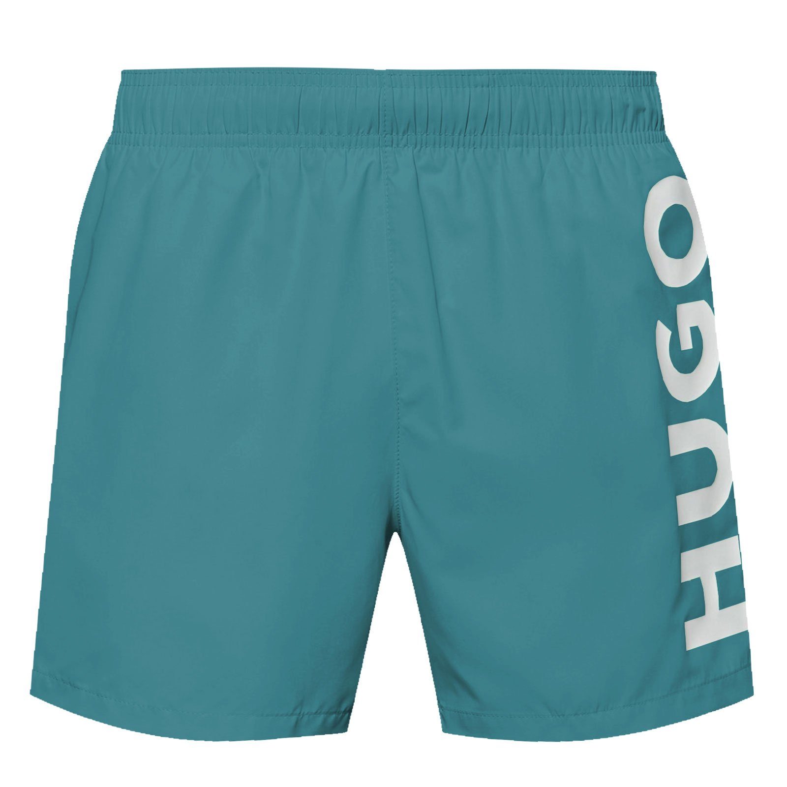 HUGO Badeshorts ABAS turquoise mit / linken aqua Bein auf großem dem Markenschriftzug 448