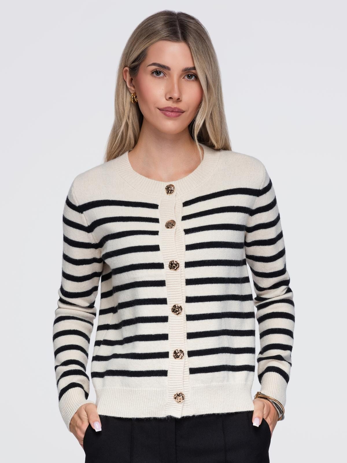 OMBRE Cardigan Damen Pullover Regular Fit Elegant mit Rundhalsausschnitt Beige (kein Set, 1-tlg) mit Knopfleiste