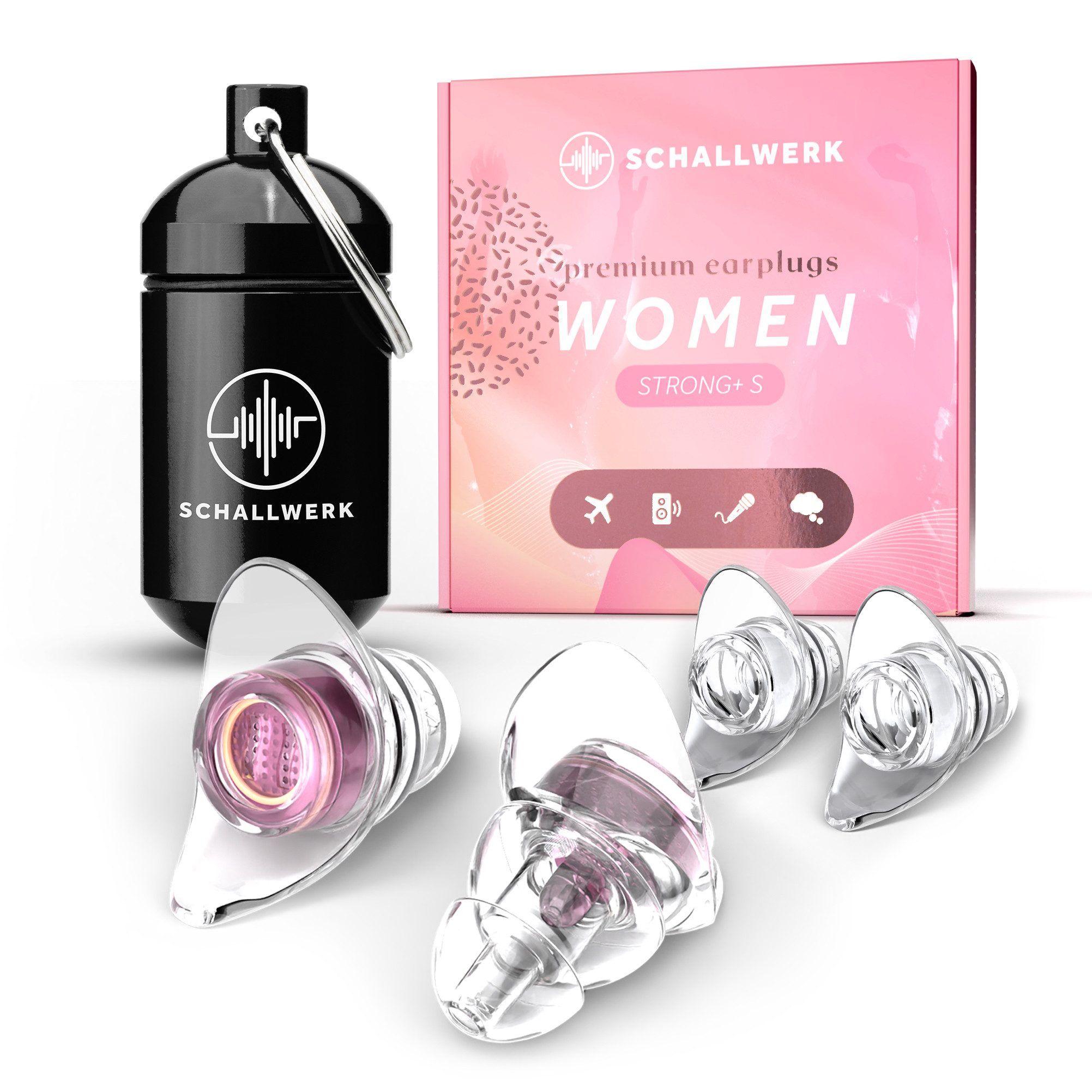 Schallwerk Gehörschutzstöpsel Women+ Ohrstöpsel für Frauen und kleine Gehörgänge, Gehörschutz Alltag, SNR 23 dB nach EN 352-2:2020, Membranfilter, 2 Größen, mit Alu-Dose von Schallwerk