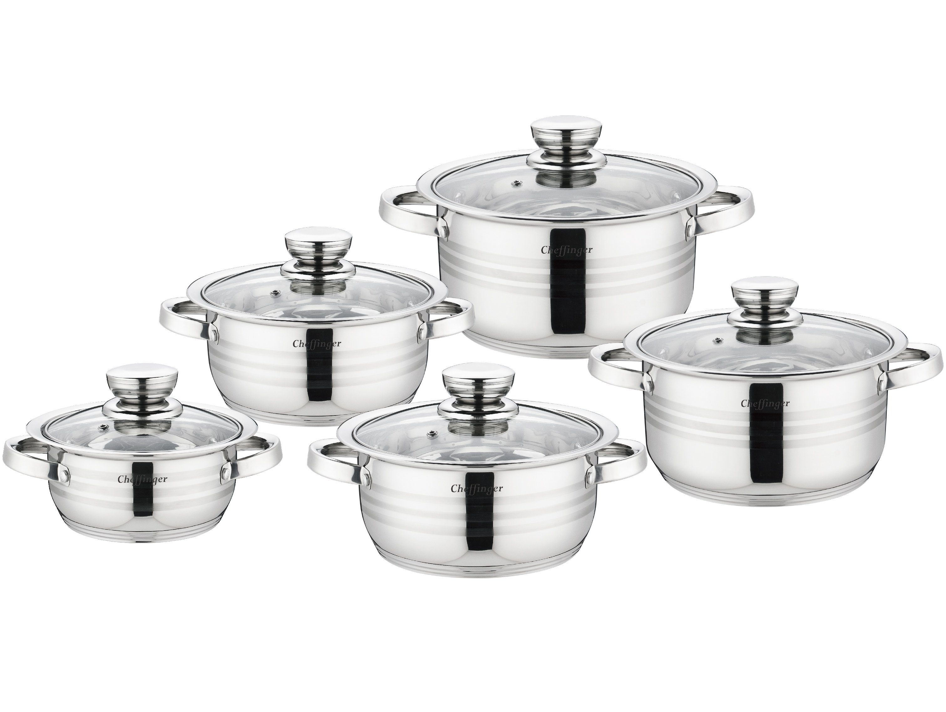Cheffinger Topf-Set Kochtopf Kasserolle Topf Set mit Glasdeckel 10-tlg Edelstahl, Material: Edelstahl, Glas (Topfset bestehend aus 5 Töpfen und 5 Deckeln)