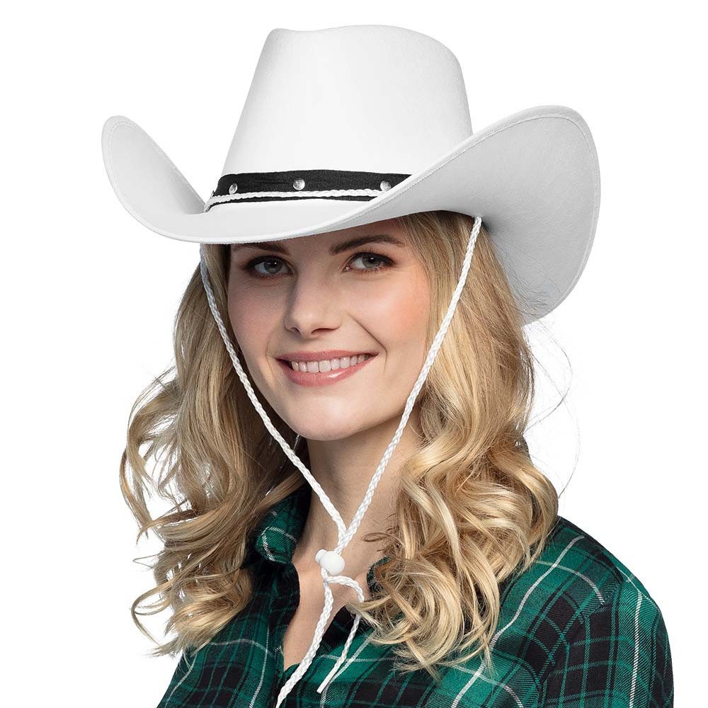 Boland Cowboy-Kostüm Cowboyhut Wichita weiß eleganter Westernhut mit Kordel Damen Herren, Klassisches Western-Design mit breiter Krempe