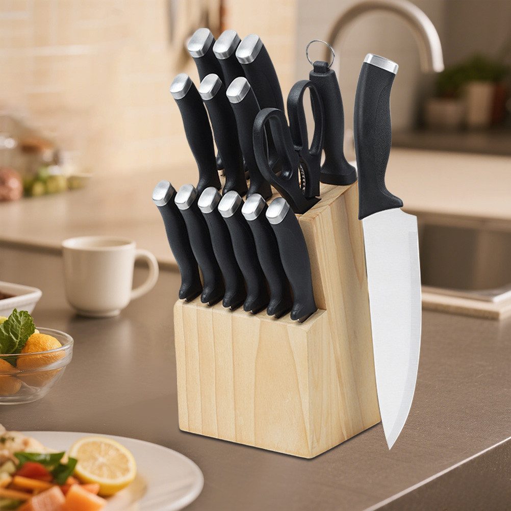 MDHAND Messer-Set 16-teiliges Küchenmesser Set mit Messerblock, 3CR13 Edelstahl (16-tlg), PP-Griffe, inklusive Steakmesser, Schere und Wetzstab, Schwarz