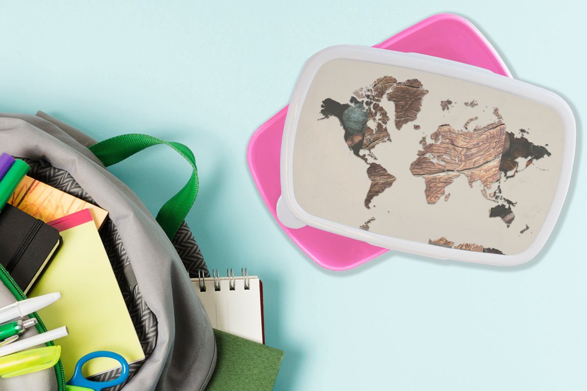 Braun, - Kinder, Kunststoff Erwachsene, Snackbox, Holz Mädchen, Weltkarte - rosa Lunchbox Kunststoff, (2-tlg), Brotbox MuchoWow für Brotdose