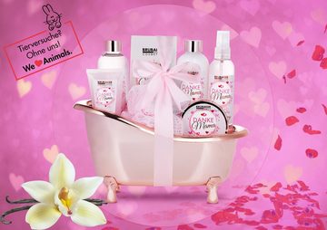 BRUBAKER Hautreinigungs-Set "Danke Mama" Dusch- und Badeset, 8-tlg., Mutter Beauty Geschenkset in dekorativer Wanne, Muttertagsgeschenk Wellness Pflegeset mit Rosen Vanille Duft, Geschenk für Mama