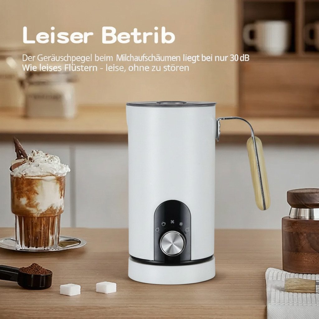 BBG Milchaufschäumer Elektrischer Milchaufschäumer mit Drehknopf, 5 Modi, Heiß & Kalt, 500 W, 350ml Milch erhitzen, 150ml Milchschaum, Leise 30dB