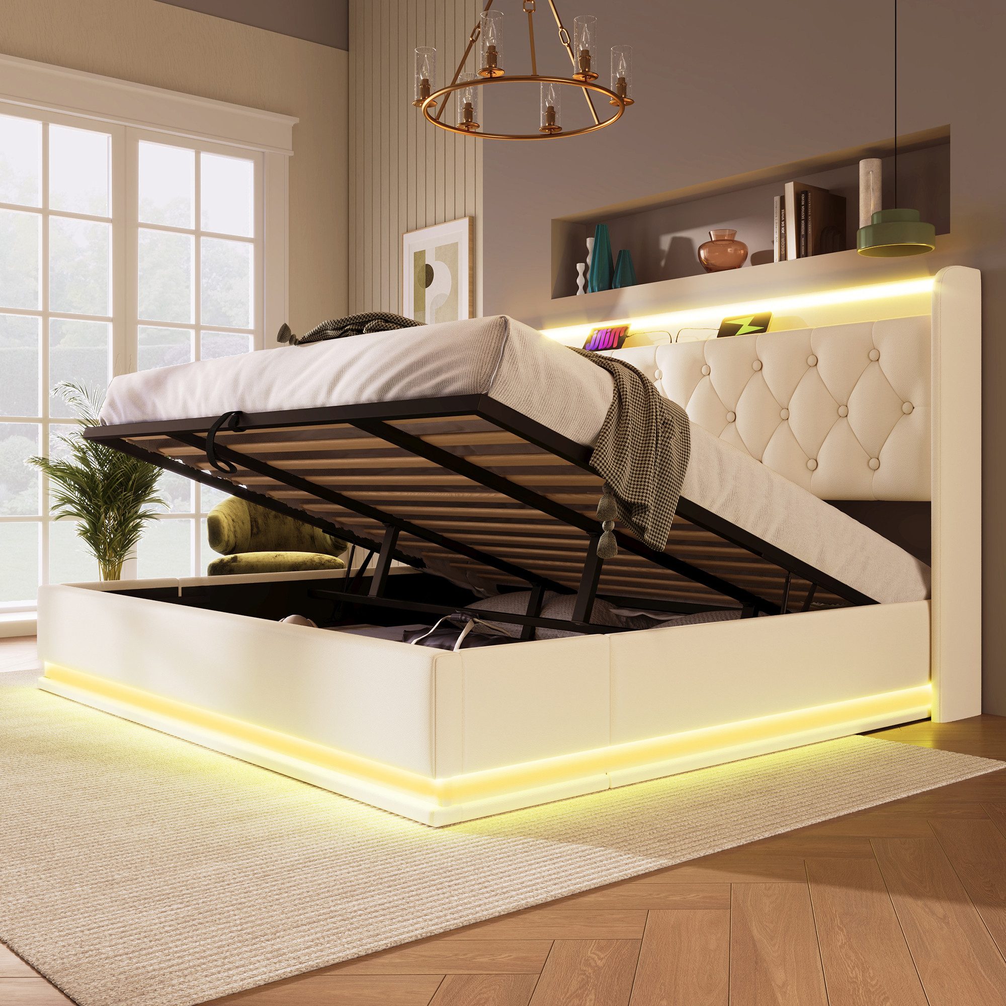 Flieks Polsterbett, LED Hydraulisches Stauraumbett Doppelbett günstig online kaufen