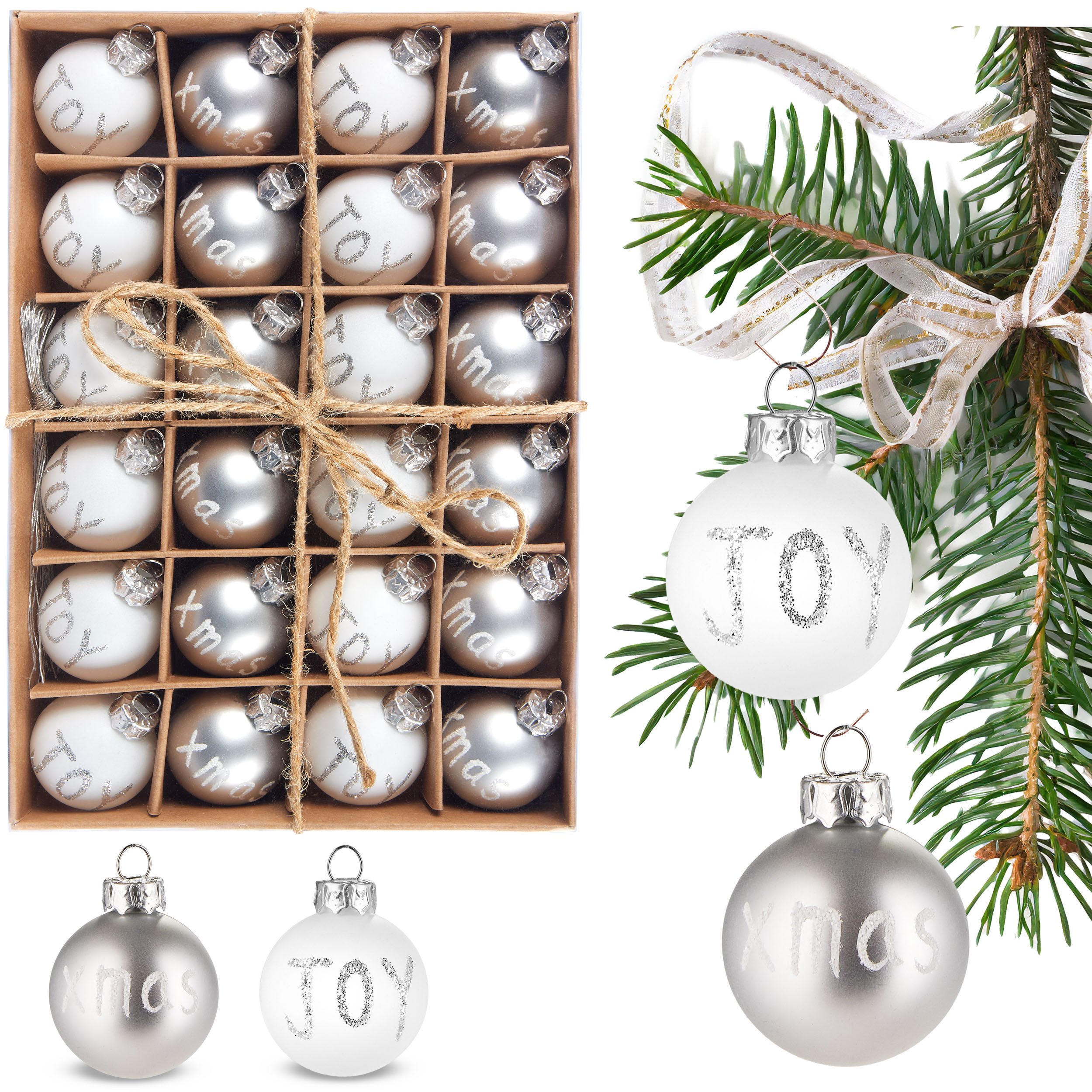 BRUBAKER Weihnachtsbaumkugel 24-teiliges Set Weihnachtskugeln Joy & Xmas - 3 cm Mini Baumkugeln (24 St), für Weihnachtsbaum - Handbemalter Christbaumschmuck Kugeln