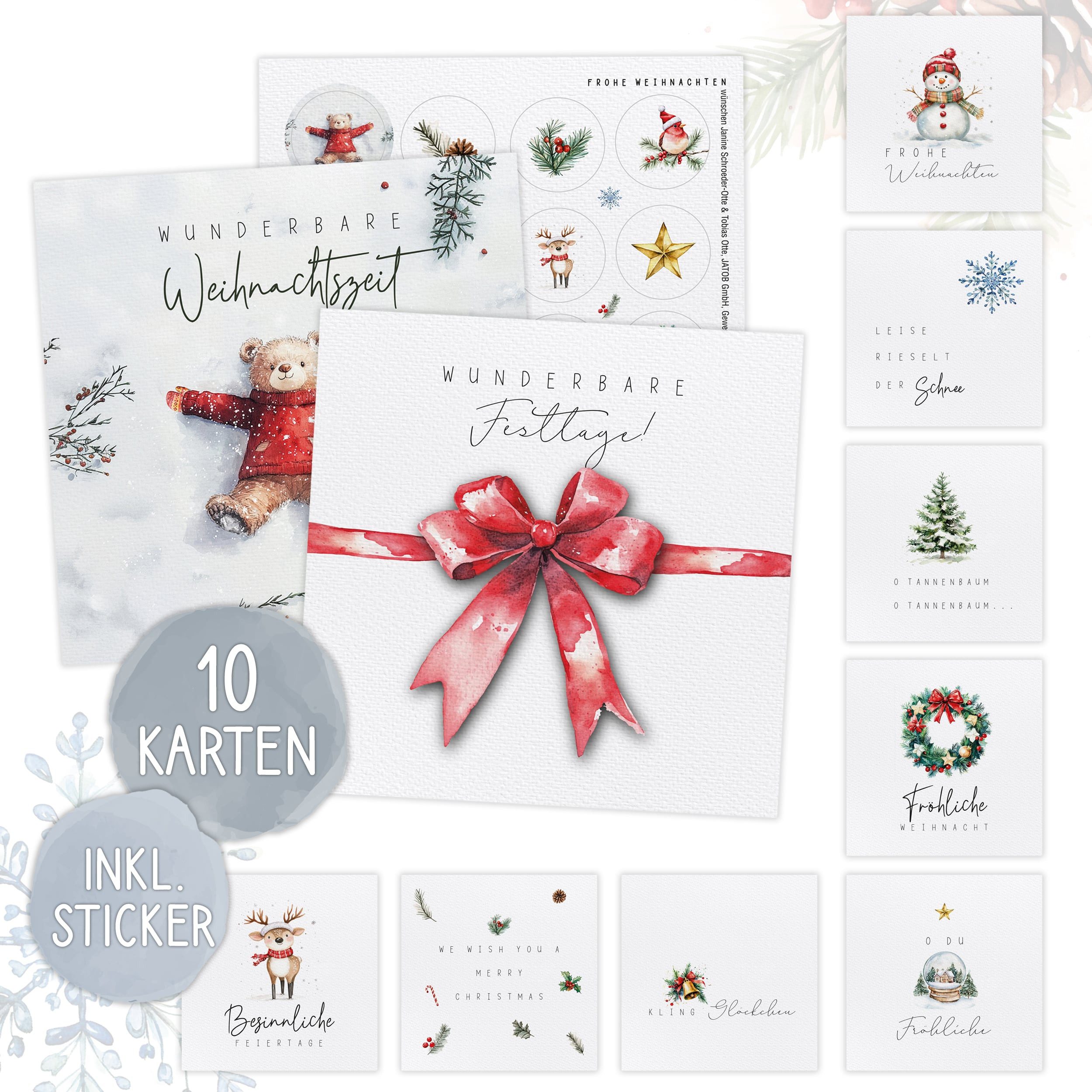 TOBJA Weihnachtskarte 10x XXL Weihnachtskarten Set mit Stickern - Edle Weihnachten, 10 große festliche Weihnachtskarten (14,8 x 14,8 cm) Postkarten