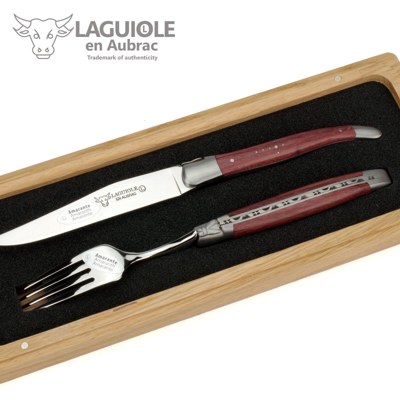 Laguiole en Aubrac Steakbesteck 1CF99ATI, 1 Messer / 1 Gabel - Griff Amaranth - Backen matt - Stahl glänzend