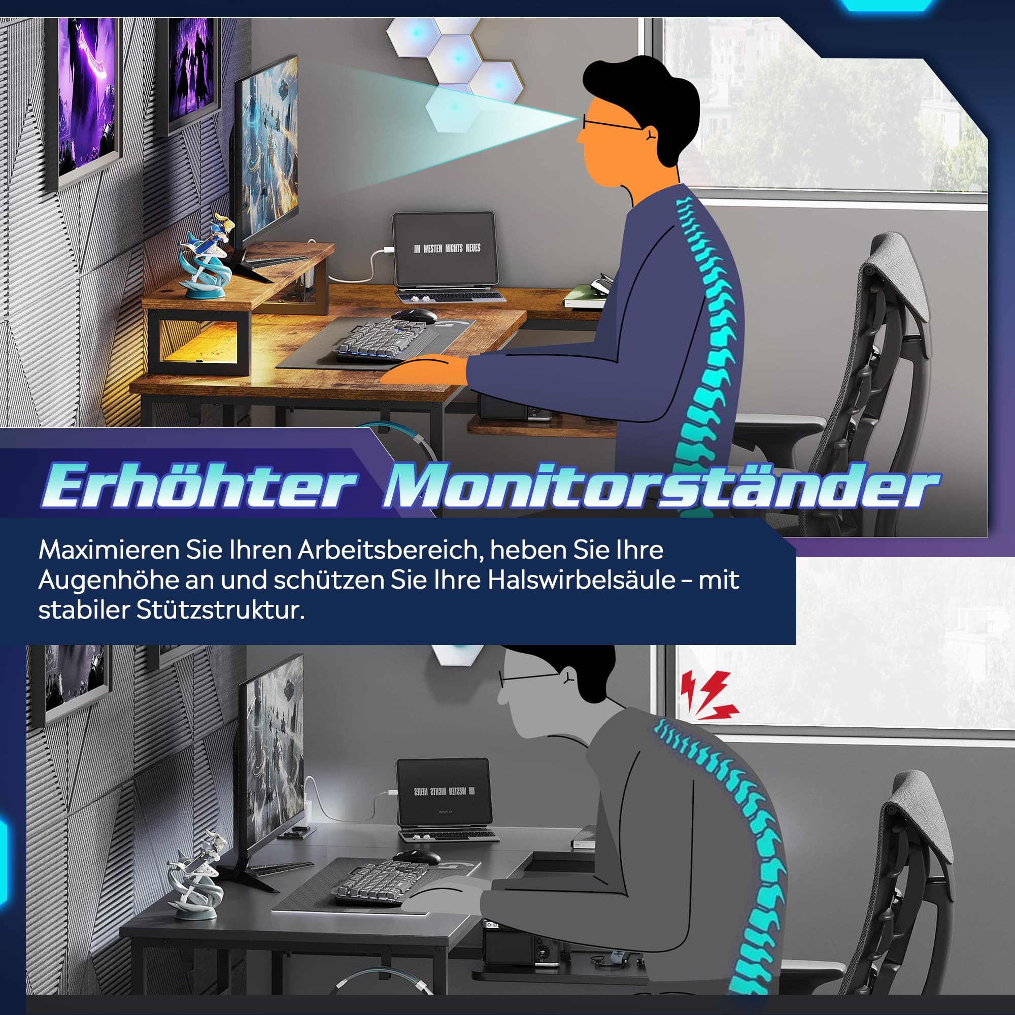 DEVAISE Computertisch Gamingtisch 111/120/140 x 80 cm Computertisch, L-förmiger Schreibtisch (Packung, Tablett mit Ständer), Computertisch mit LED, 2 USB und 2 AC-Steckdosen, für Büro