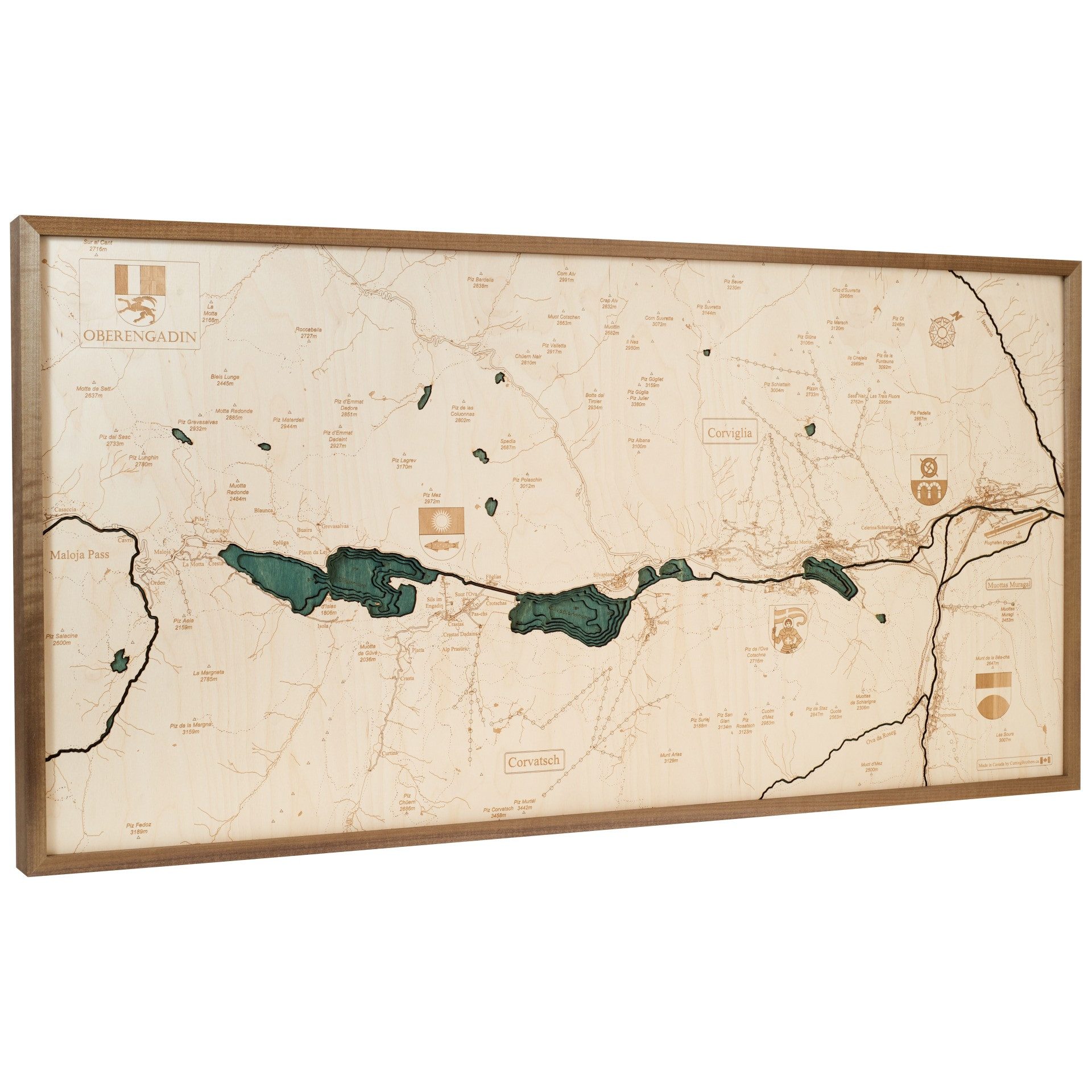 Cutting Brothers Holzbild Oberengadin St. Moritz 122x61 cm, 3D Holz-Wandkarte, handgefertigt aus Echtholz