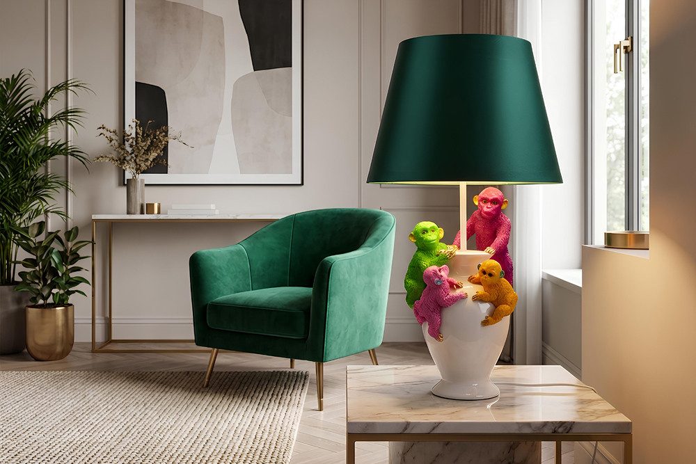riess-ambiente Tischleuchte MONKEY 60cm weiß/bunt - Stoffschirm, Affen, Skulpturen, handgefertigt, Ein-/Ausschalter, ohne Leuchtmittel, Tierische Dekolampe - ideal als Blickfang auf Sideboard od. Nachttisch