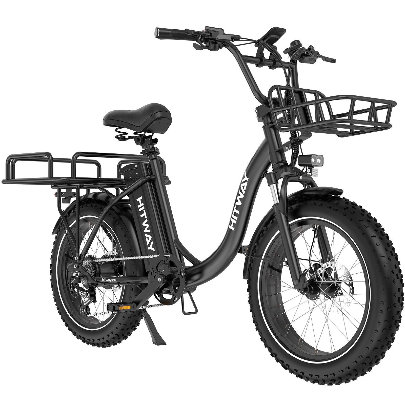 HITWAY E-Bike Cityrad Pedelec 20x4.0 48V 27Ah Drehmomentsensor, 7 Gang shimano, Kettenschaltung, Heckmotor, 1296 Wh, Bis zu 160 km, Hydr. Scheibenbremsen, Lockout-Federgabel, 7-Gang, Korb