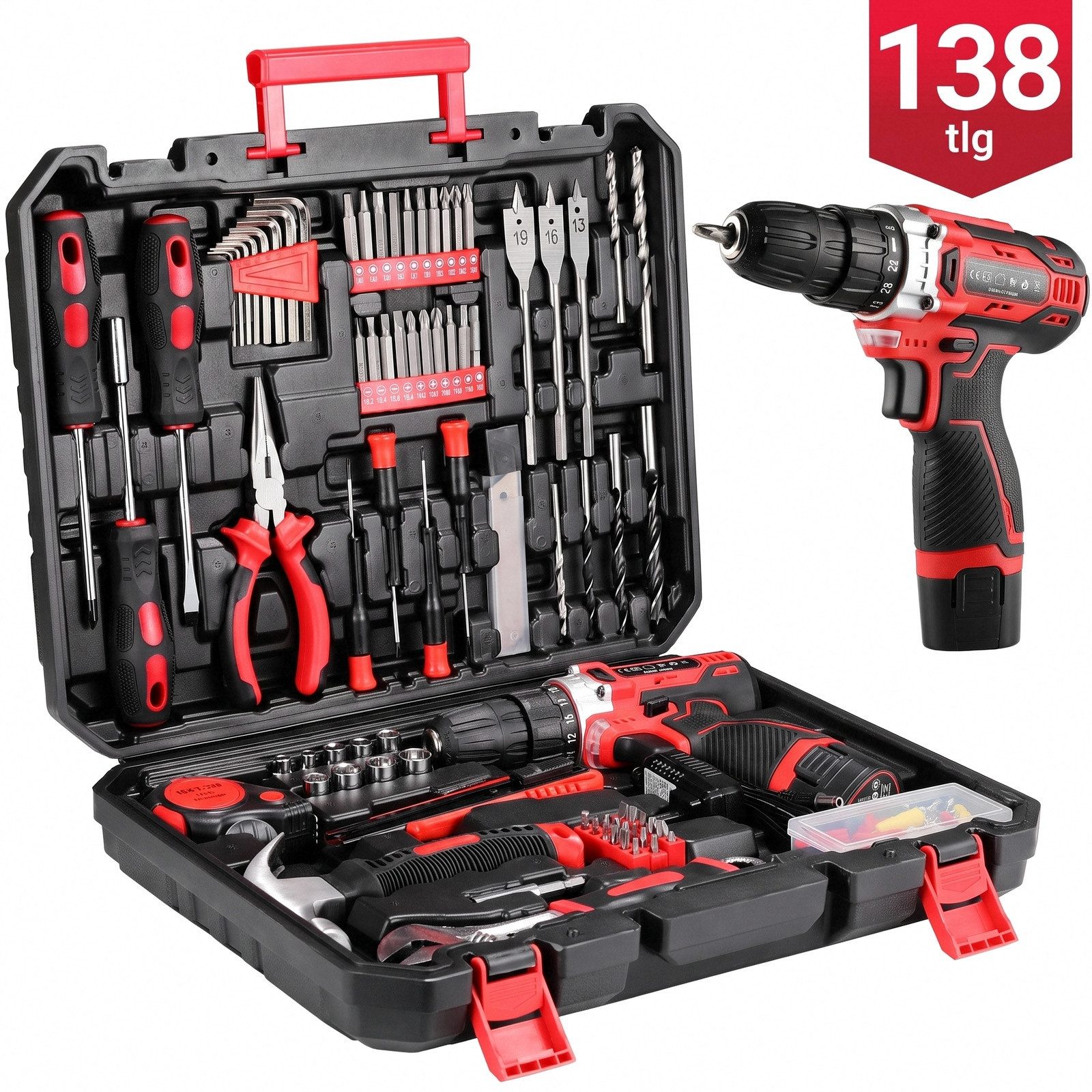 TLGREEN Akku-Bohrschrauber,12V Akkuschrauber Set,Akkubohrer mit 138PCS Werkzeugkoffer, max. 1500 U/min, (Set, 25+1 Drehmomentstufen + 2-Gang-Getriebe, LED Licht), für Holz, Metall & Heimwerkerprojekte