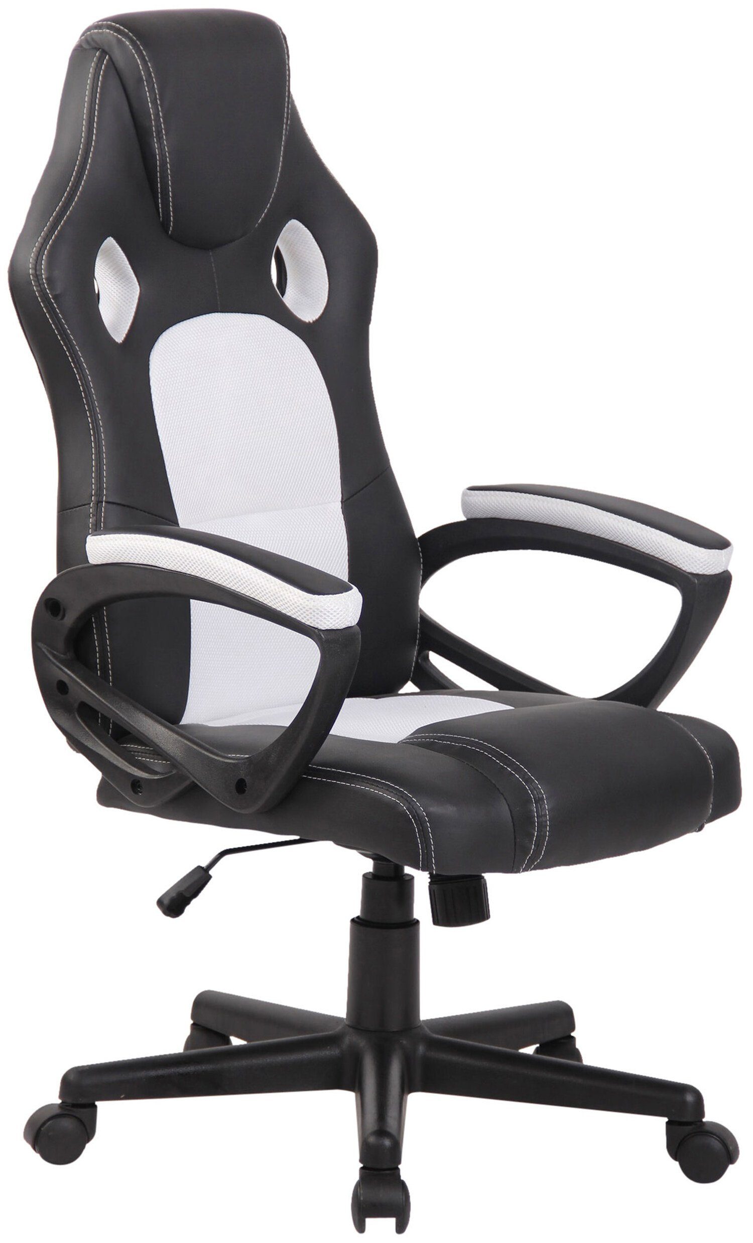 TPFLiving Gaming-Stuhl First mit bequemer - Rückenlehne Kunststoff und weiß höhenverstellbar Drehstuhl, (Schreibtischstuhl, schwarz - Gestell: Gamingstuhl, Sitzfläche: Racingstuhl, drehbar 360° Kunstleder Chefsessel)