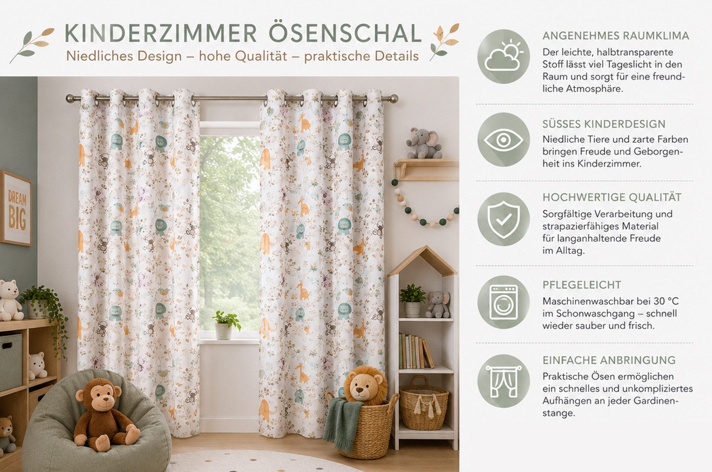 heimtexland Gardine Kindergardine Safari Deko Vorhang Kinderzimmer (1 St), Ösen, halbtransparent, Polyester, Leinen-Optik natur durchscheinend I Ösenschal I Höh – Bild 5 von 5